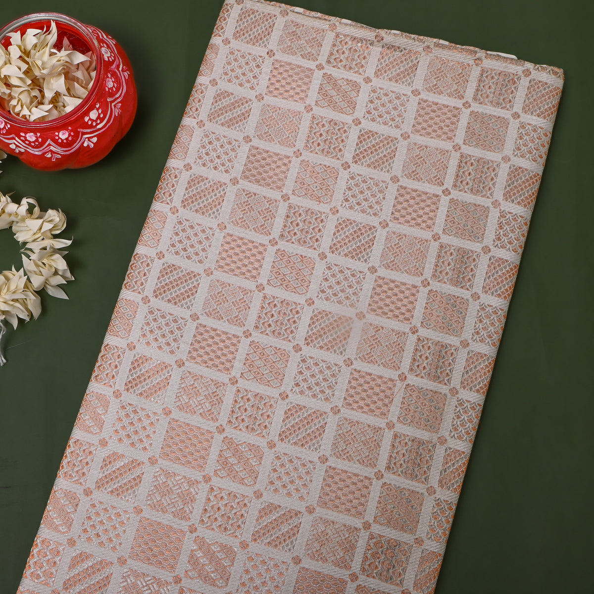 Golden White Checked Geometric Jamawar Silk Fabric