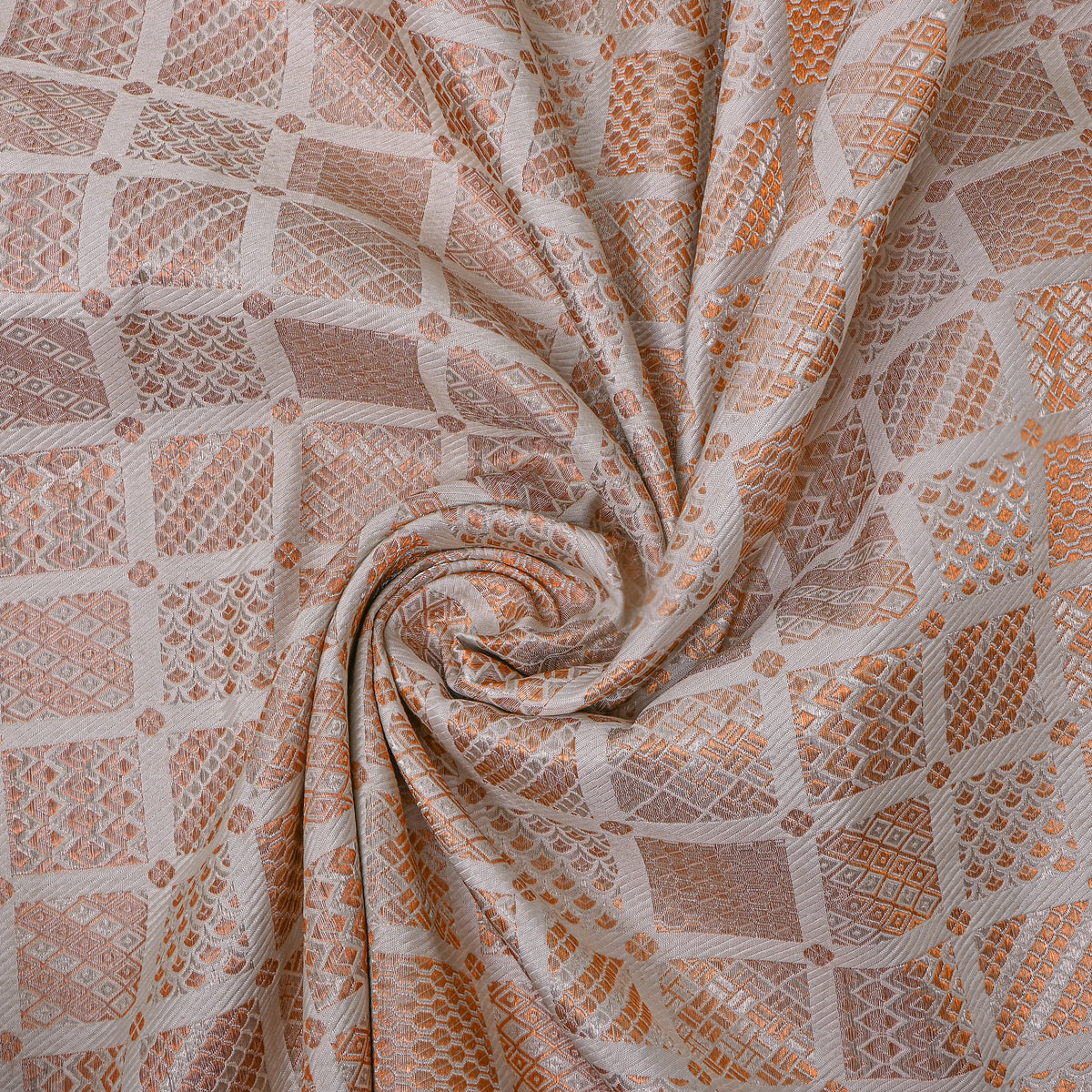 Golden White Checked Geometric Jamawar Silk Fabric