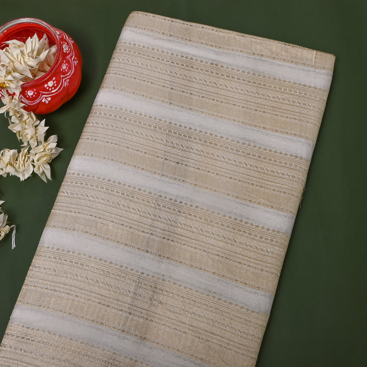 Oat Cream Gold Zari Stripe Jamawar Silk Fabric