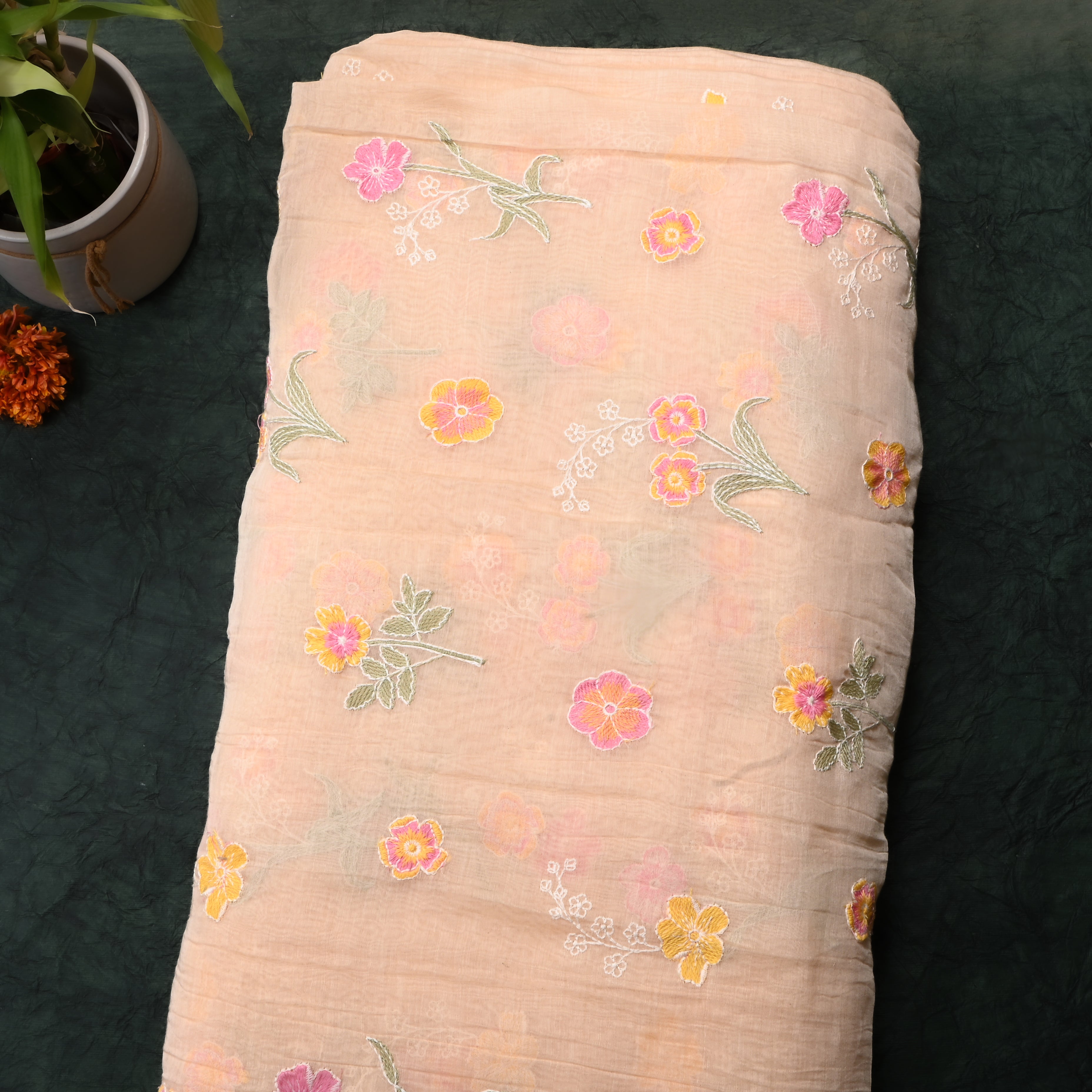 Soft Beige Floral Chanderi Fabric