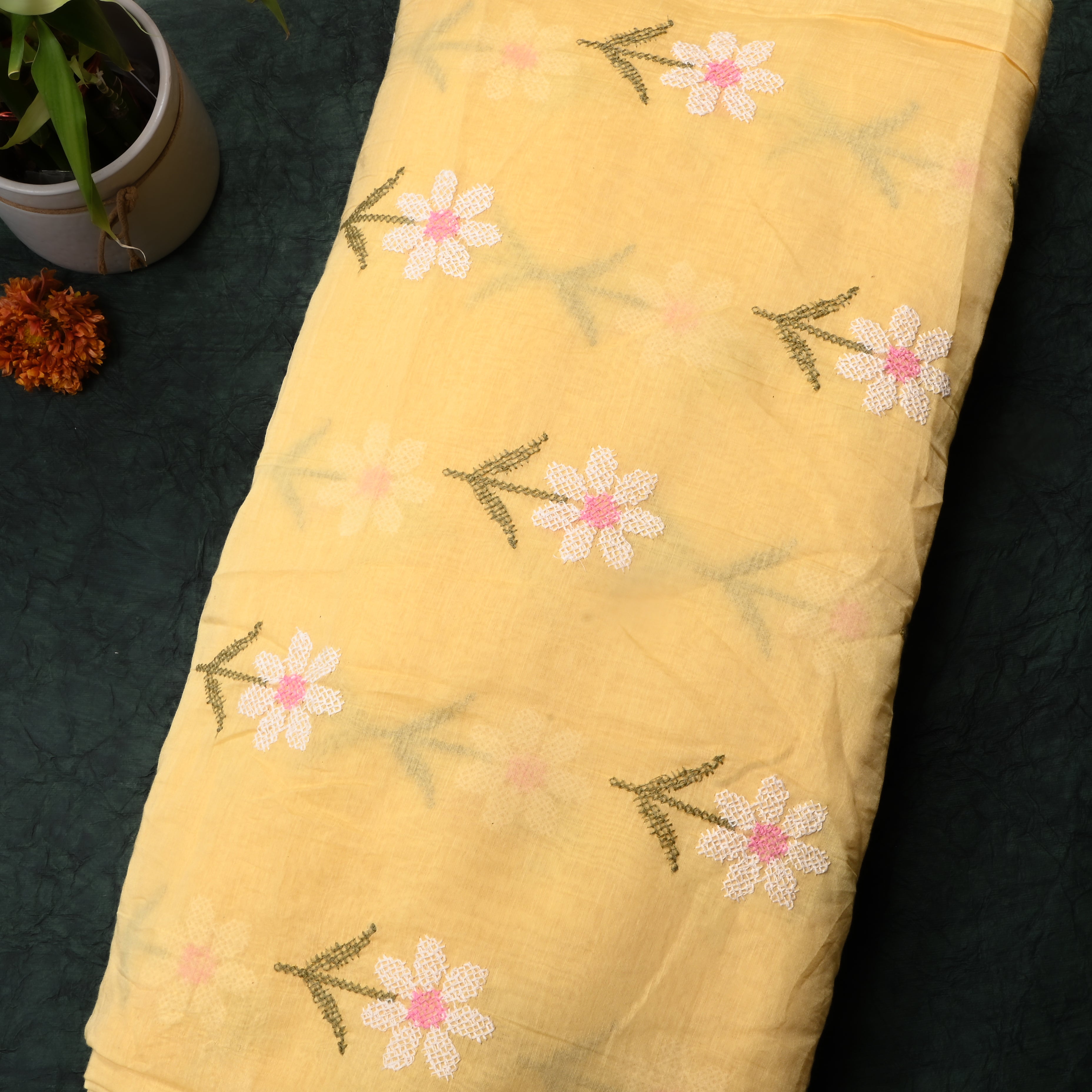 Light Lemon Yellow Floral Chanderi Fabric