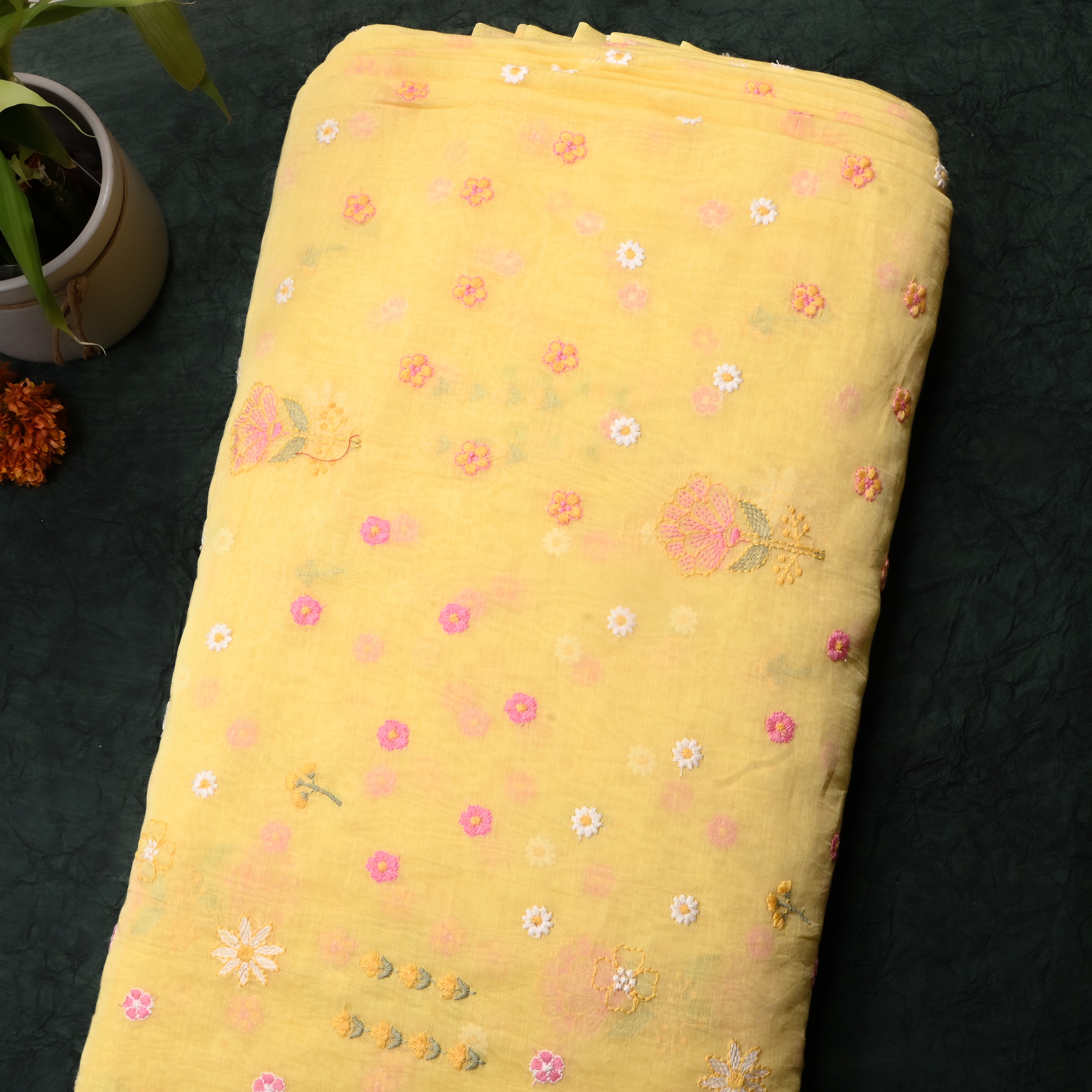 Light Yellow Floral Chanderi Fabric