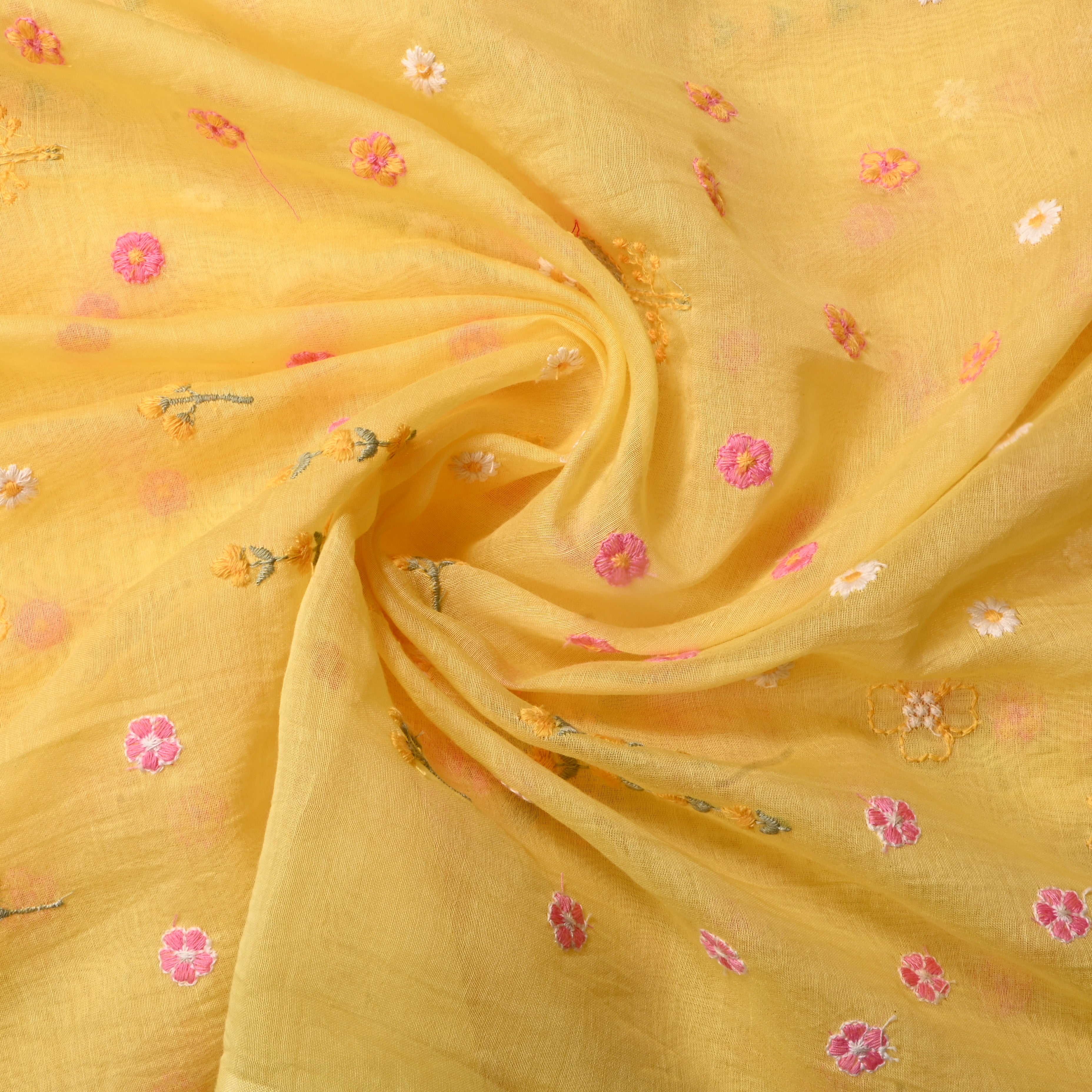 Light Yellow Floral Chanderi Fabric