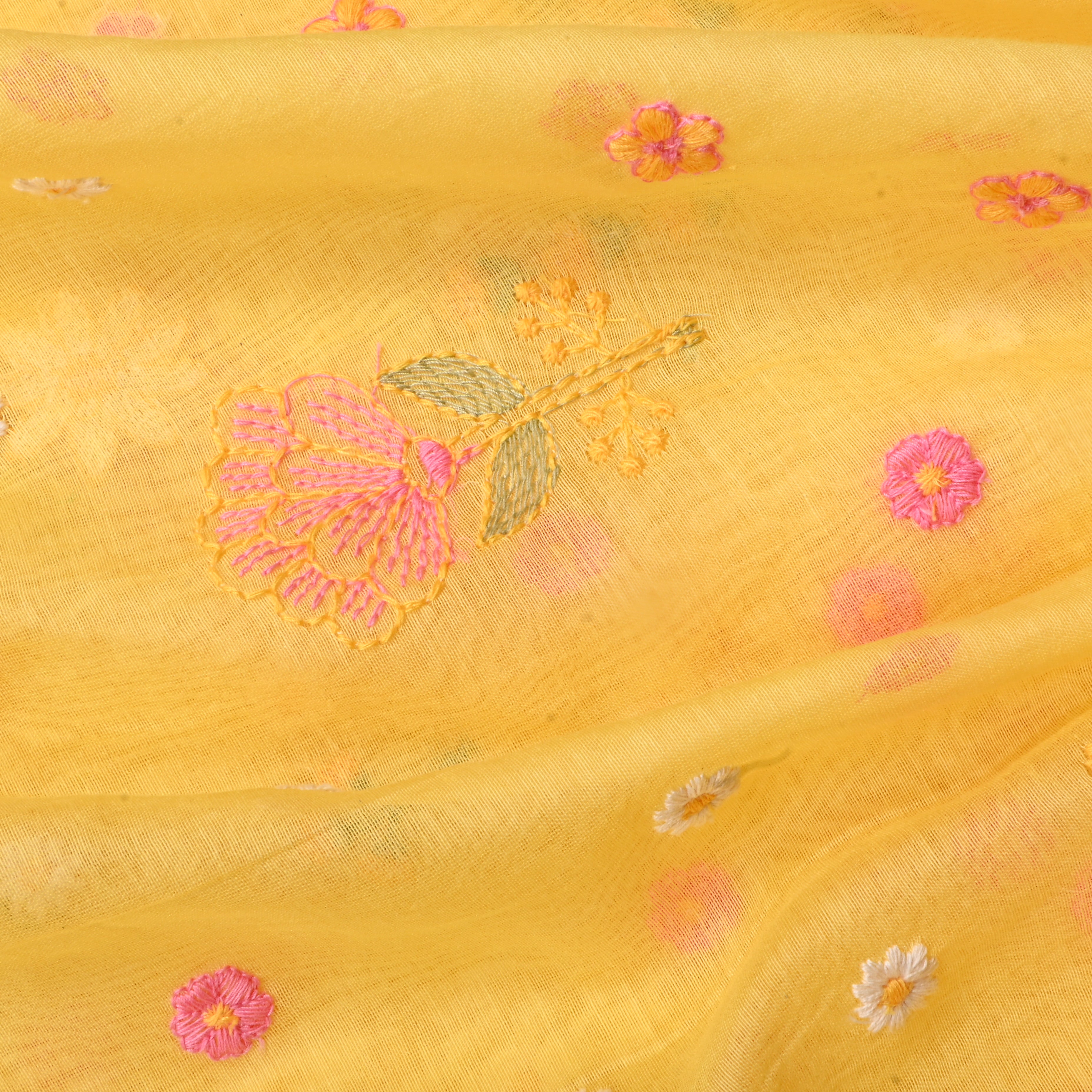 Light Yellow Floral Chanderi Fabric