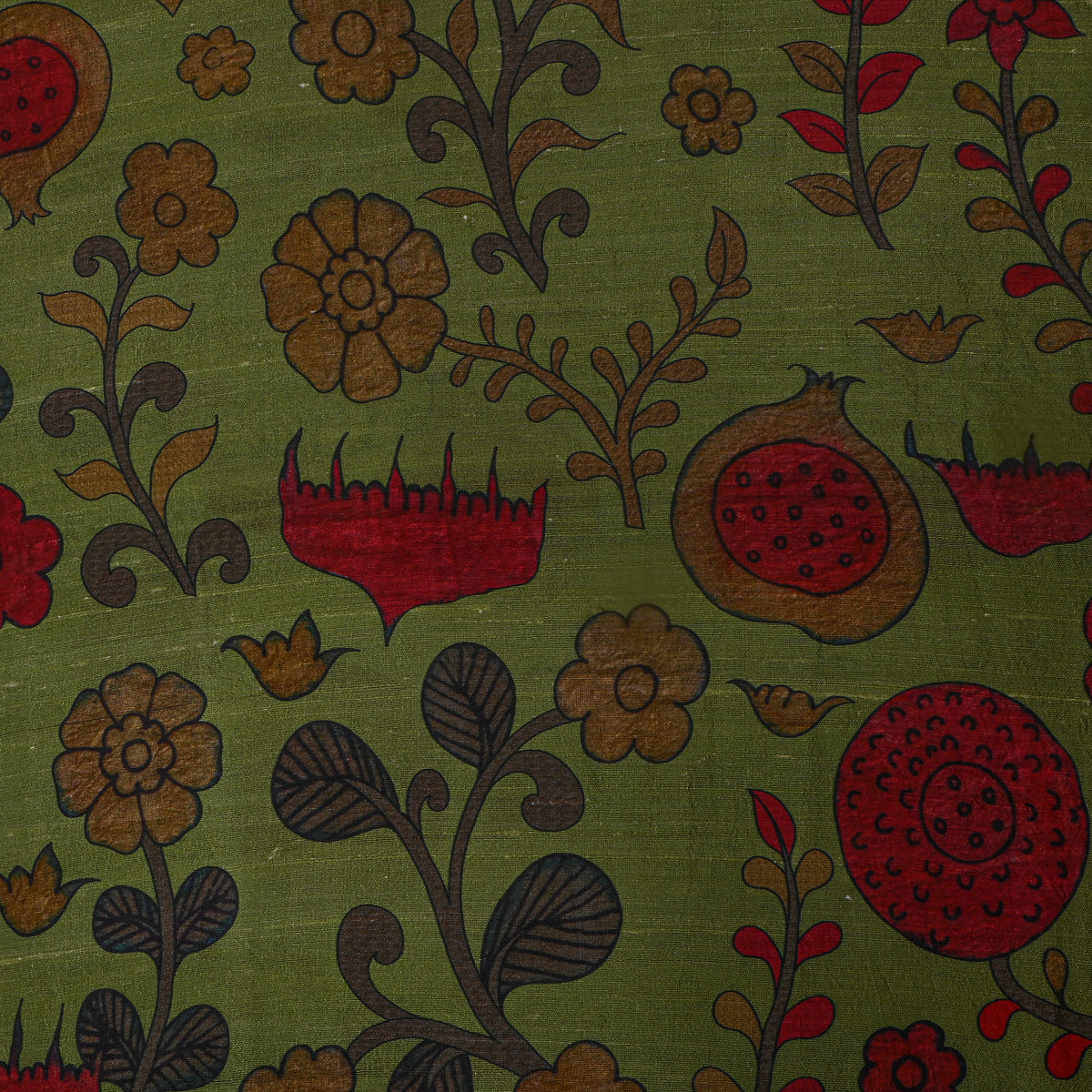 Fern Green Pomegranate Floral Digital Print Raw Silk Fabric