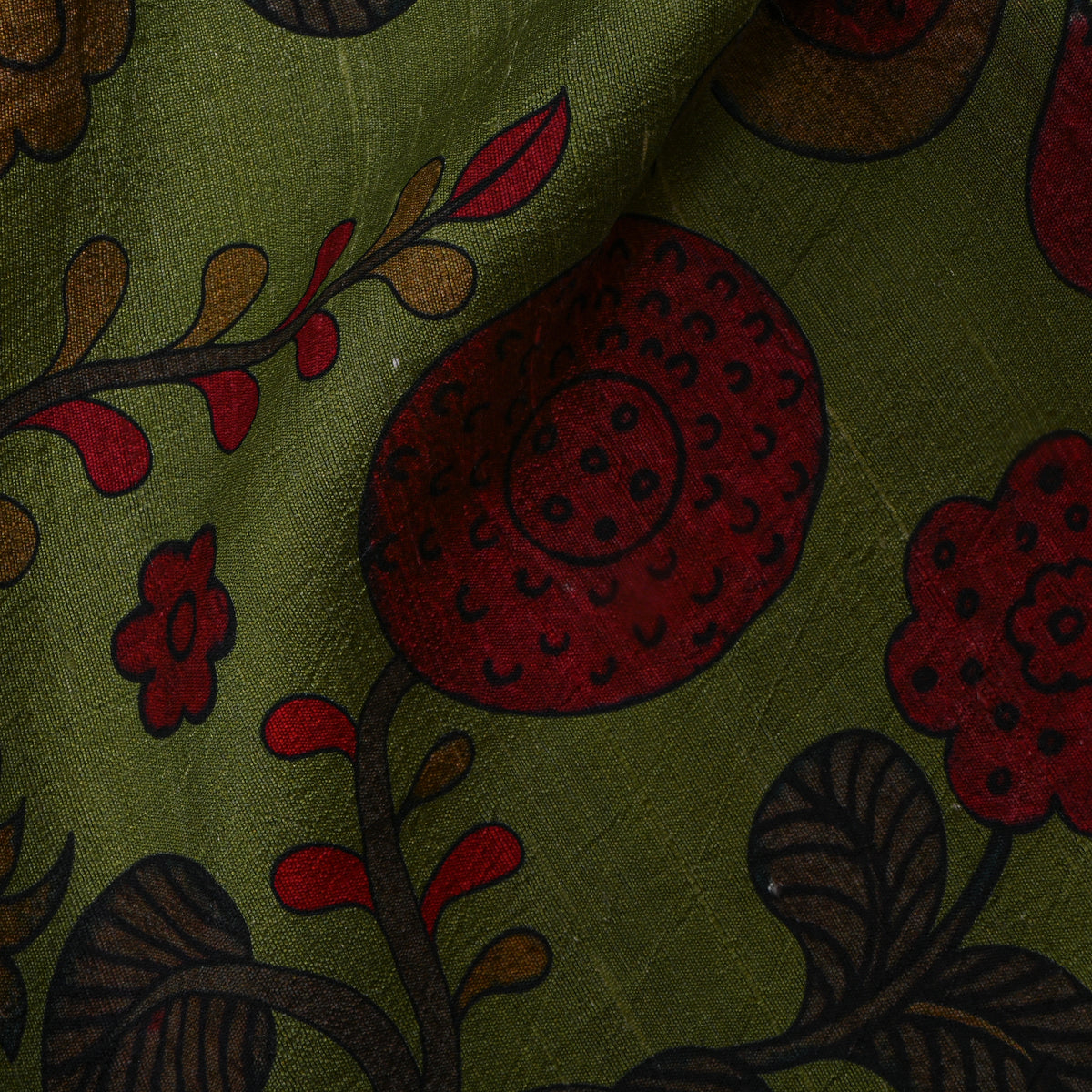 Fern Green Pomegranate Floral Digital Print Raw Silk Fabric