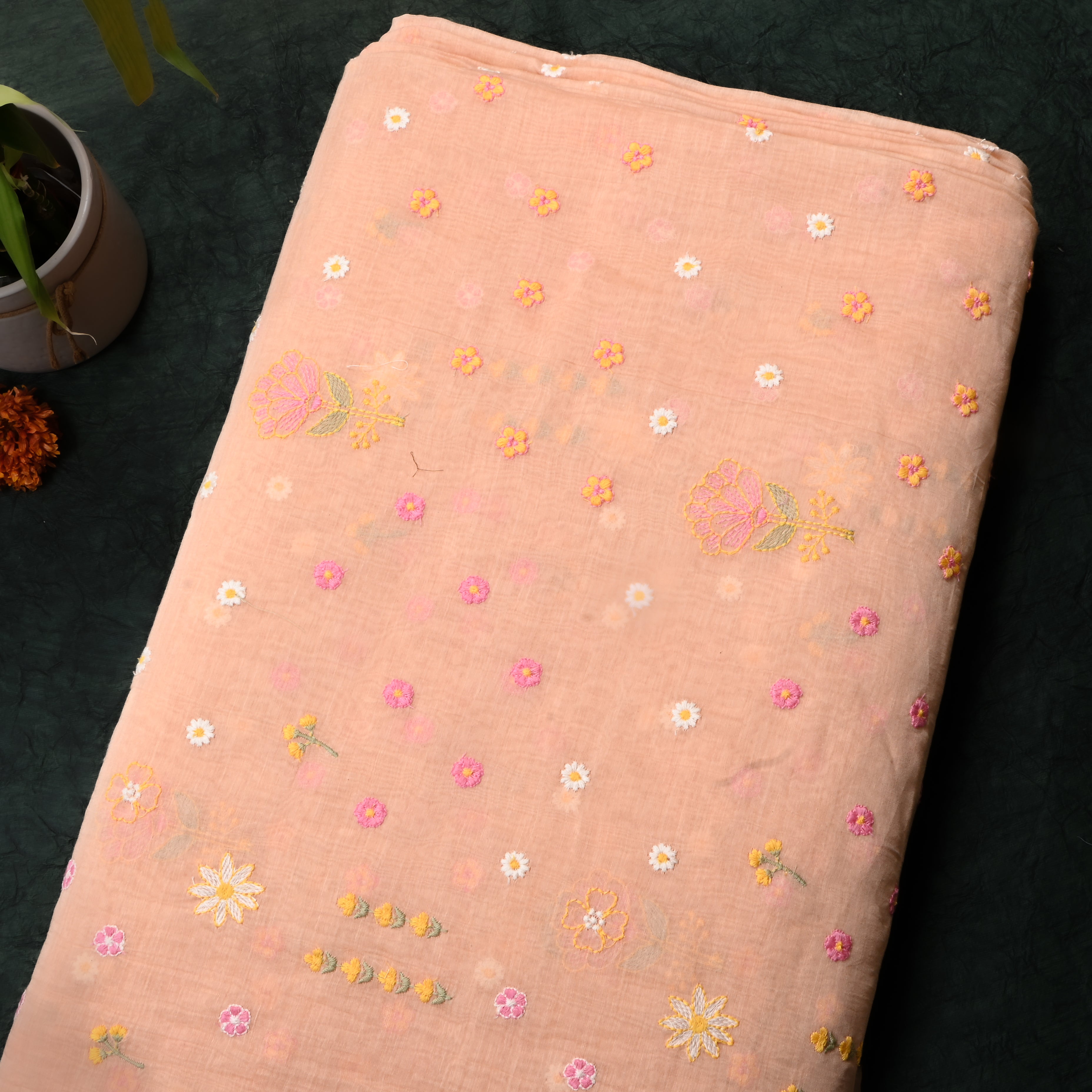 Pastel Beige Floral Chanderi Fabric