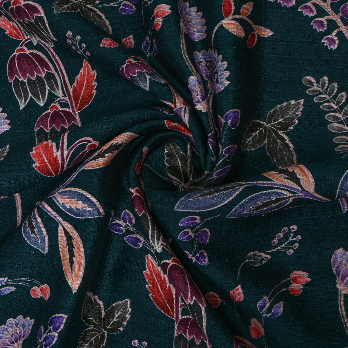 Parrot Green Floral Digital Print Raw Silk Fabric