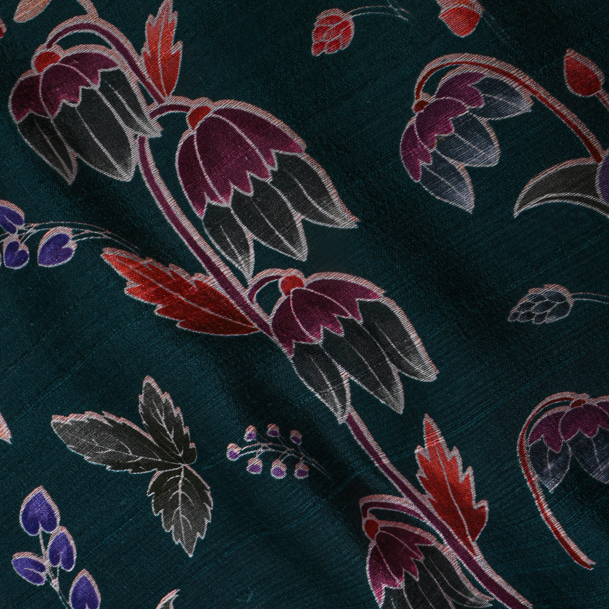 Parrot Green Floral Digital Print Raw Silk Fabric