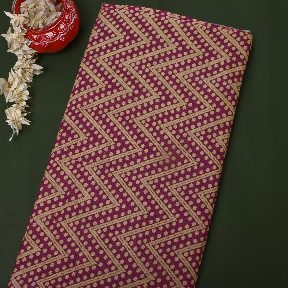 Slate Grey Cream Zig-Zag Dot Digital Print TussarFabric