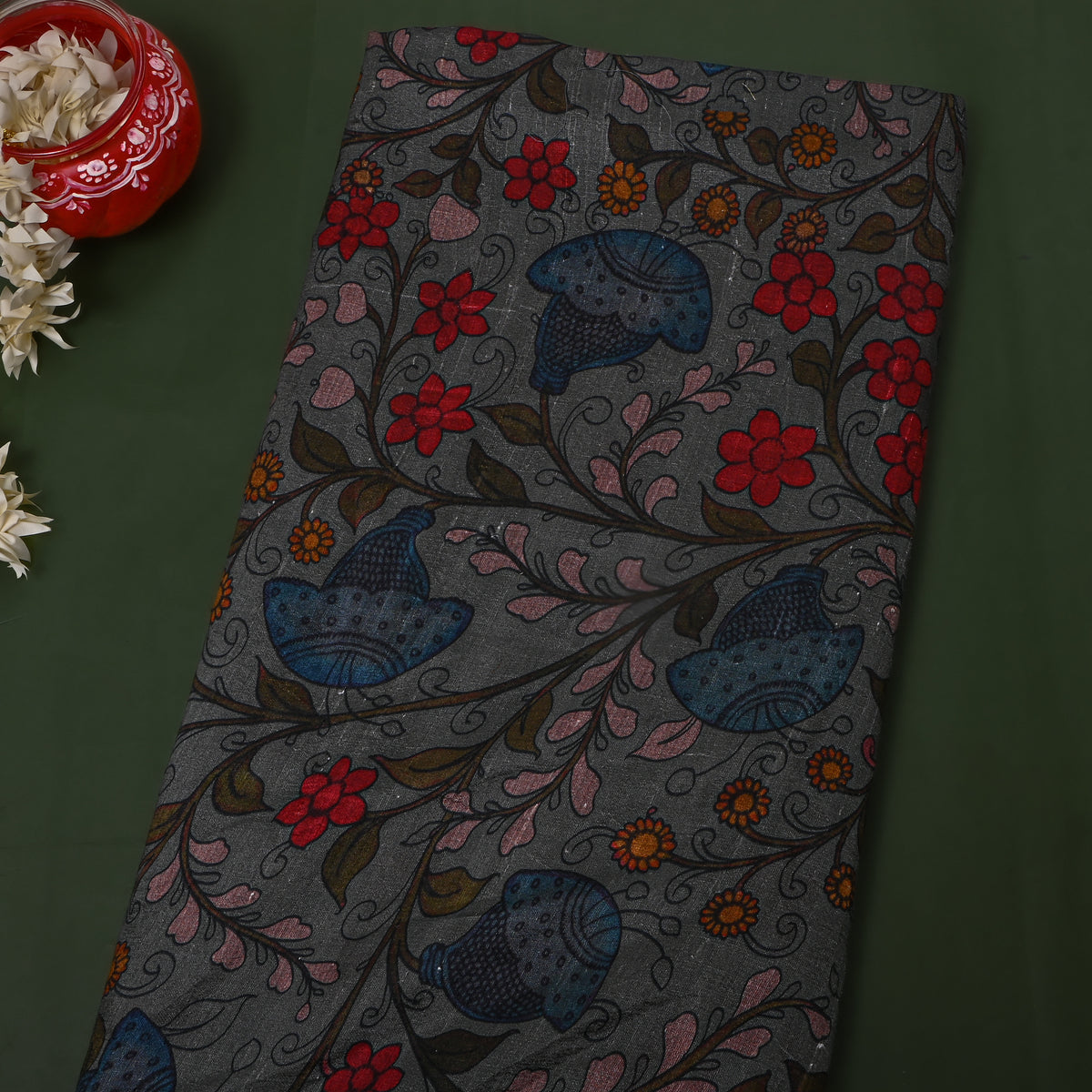 Pewter Floral Digital Print Raw Silk Fabric