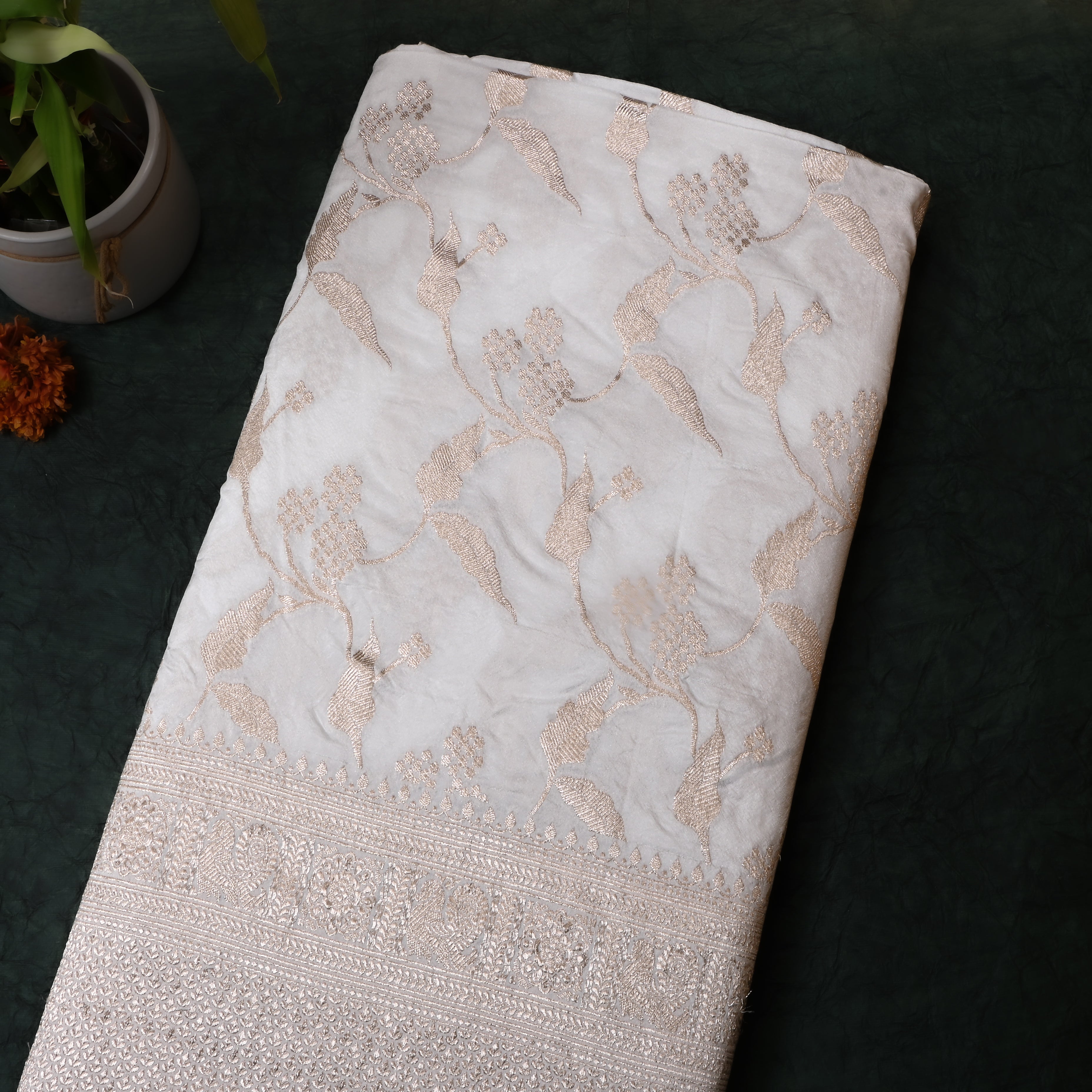 White Zari Woven Jamawar Silk Fabric