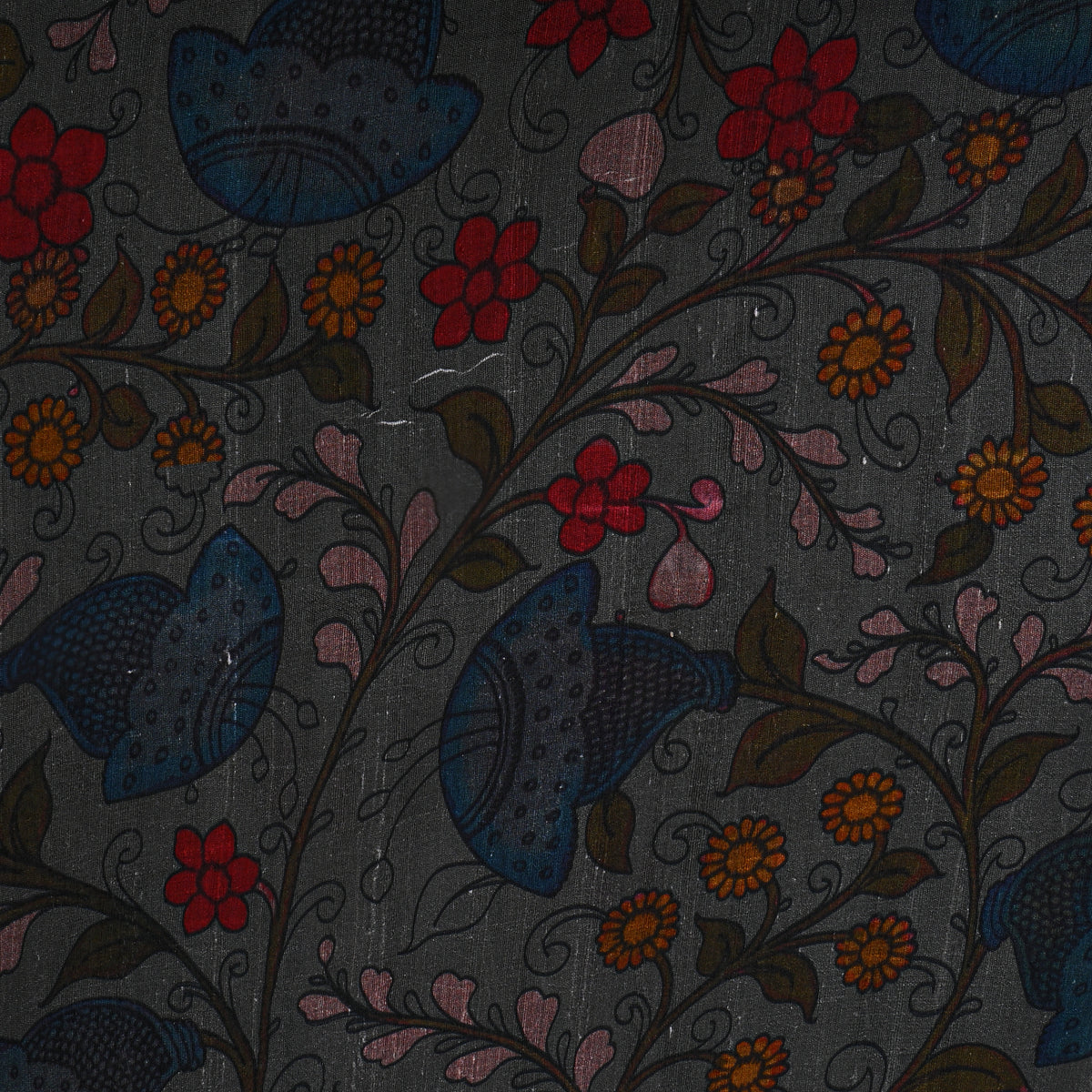 Pewter Floral Digital Print Raw Silk Fabric