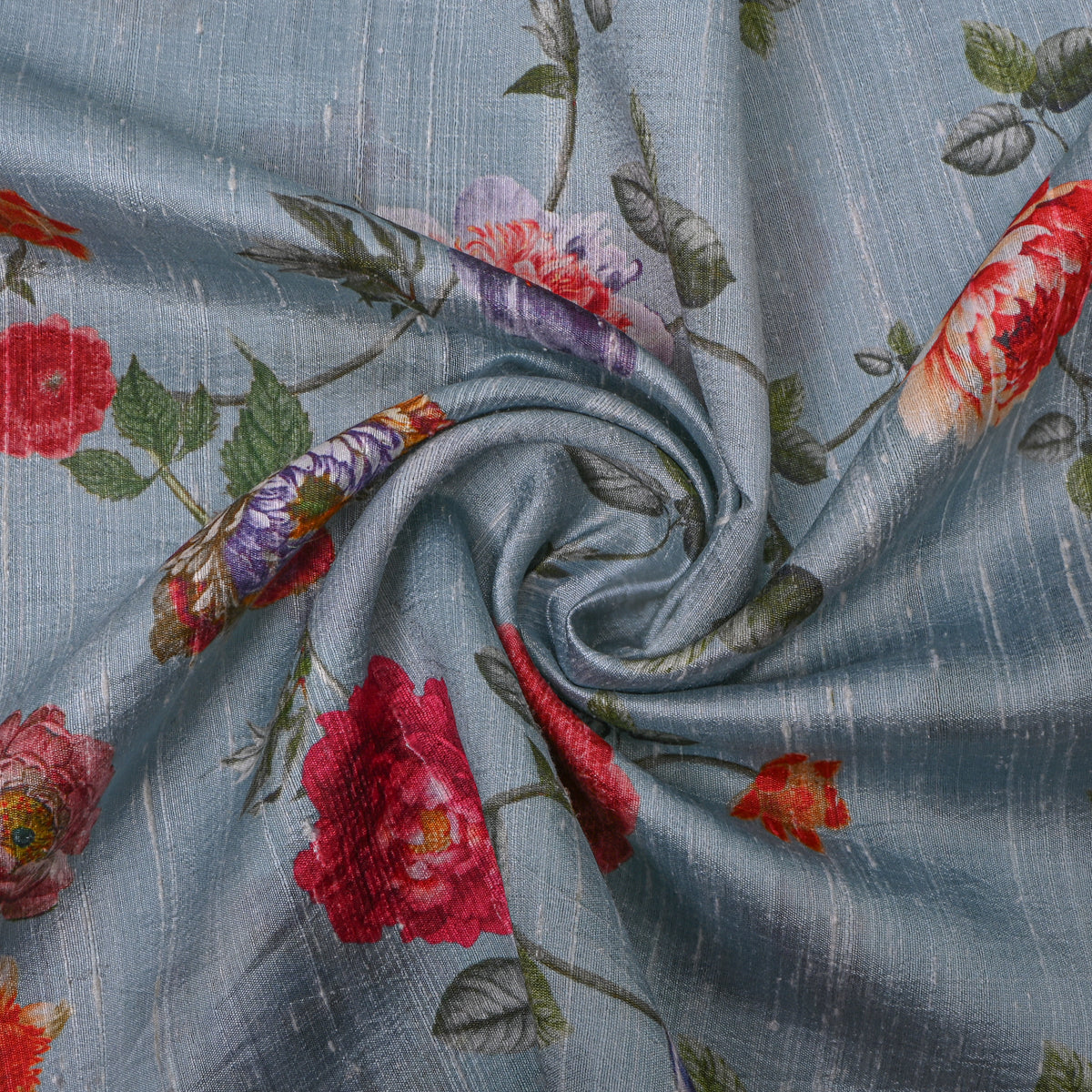 Mist Blue Rose Vine Digital Print Raw Silk Fabric