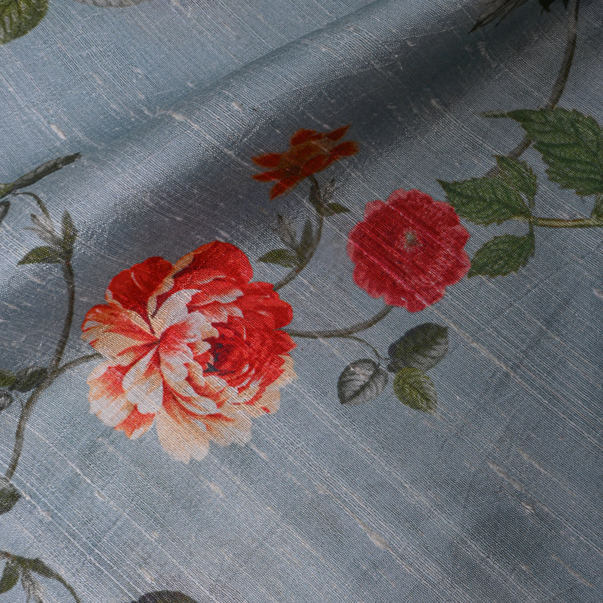 Mist Blue Rose Vine Digital Print Raw Silk Fabric