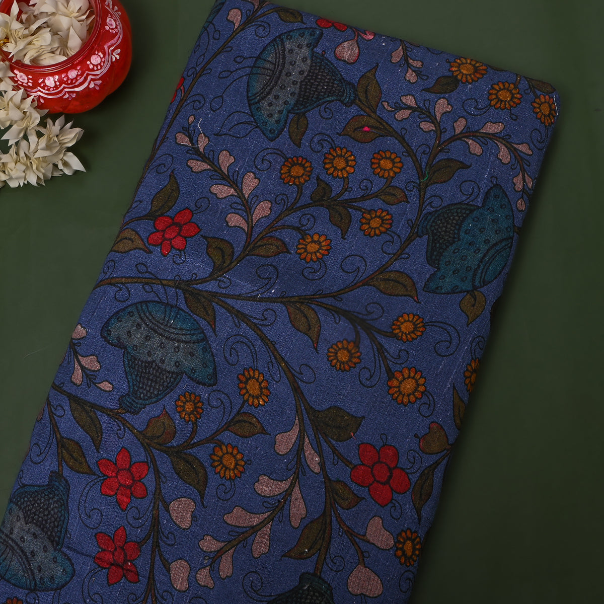 Sapphire Floral Digital Print Raw Silk Fabric