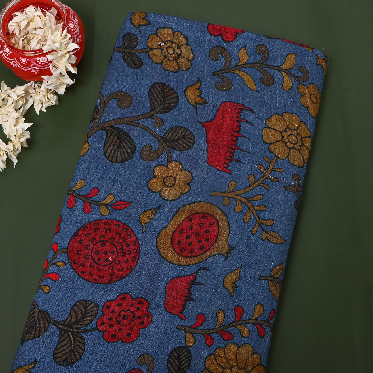 Cobalt Floral Digital Print Raw Silk Fabric