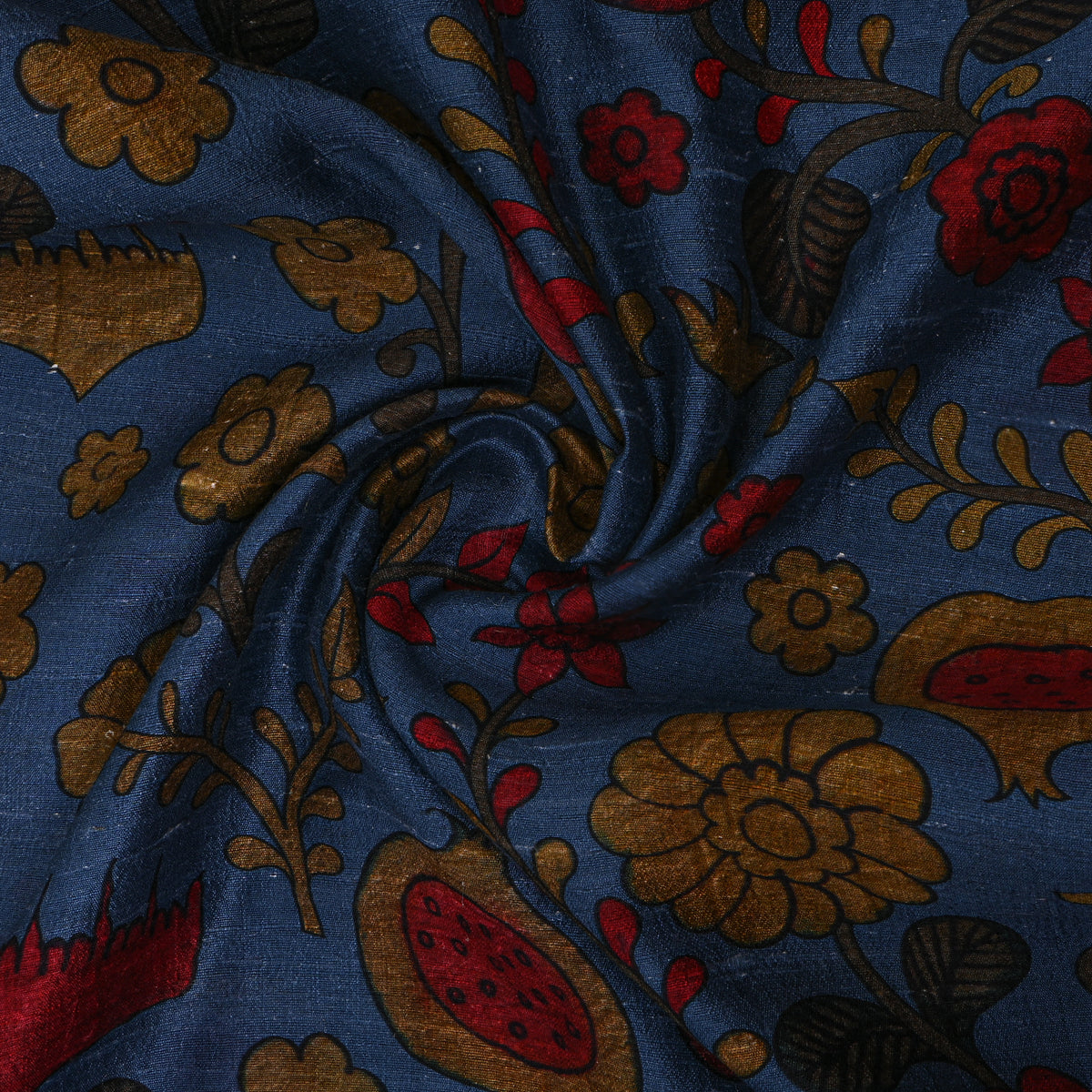 Cobalt Floral Digital Print Raw Silk Fabric
