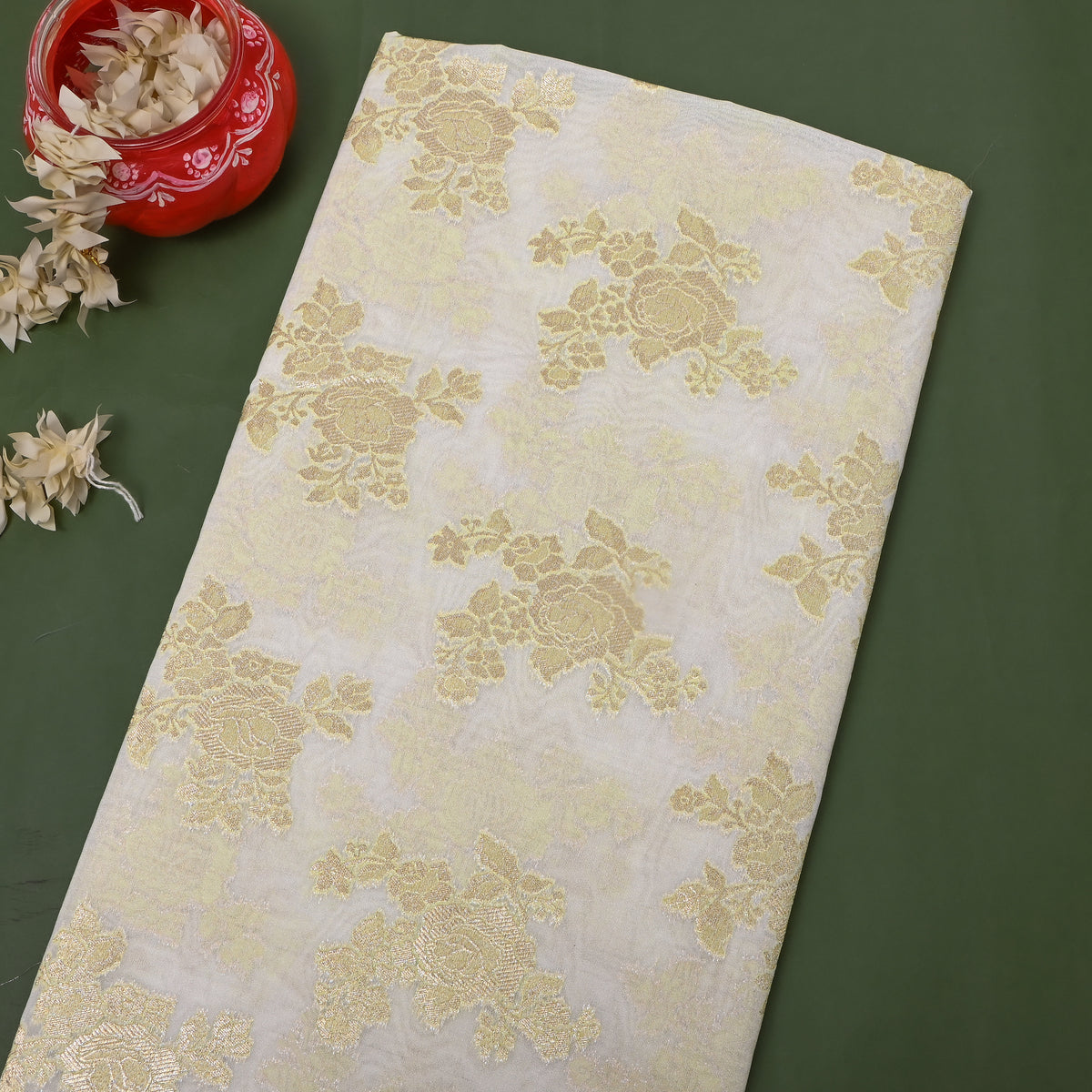 Vanilla Gold Zari Floral Butti Self Weave Jamawar Silk Fabric