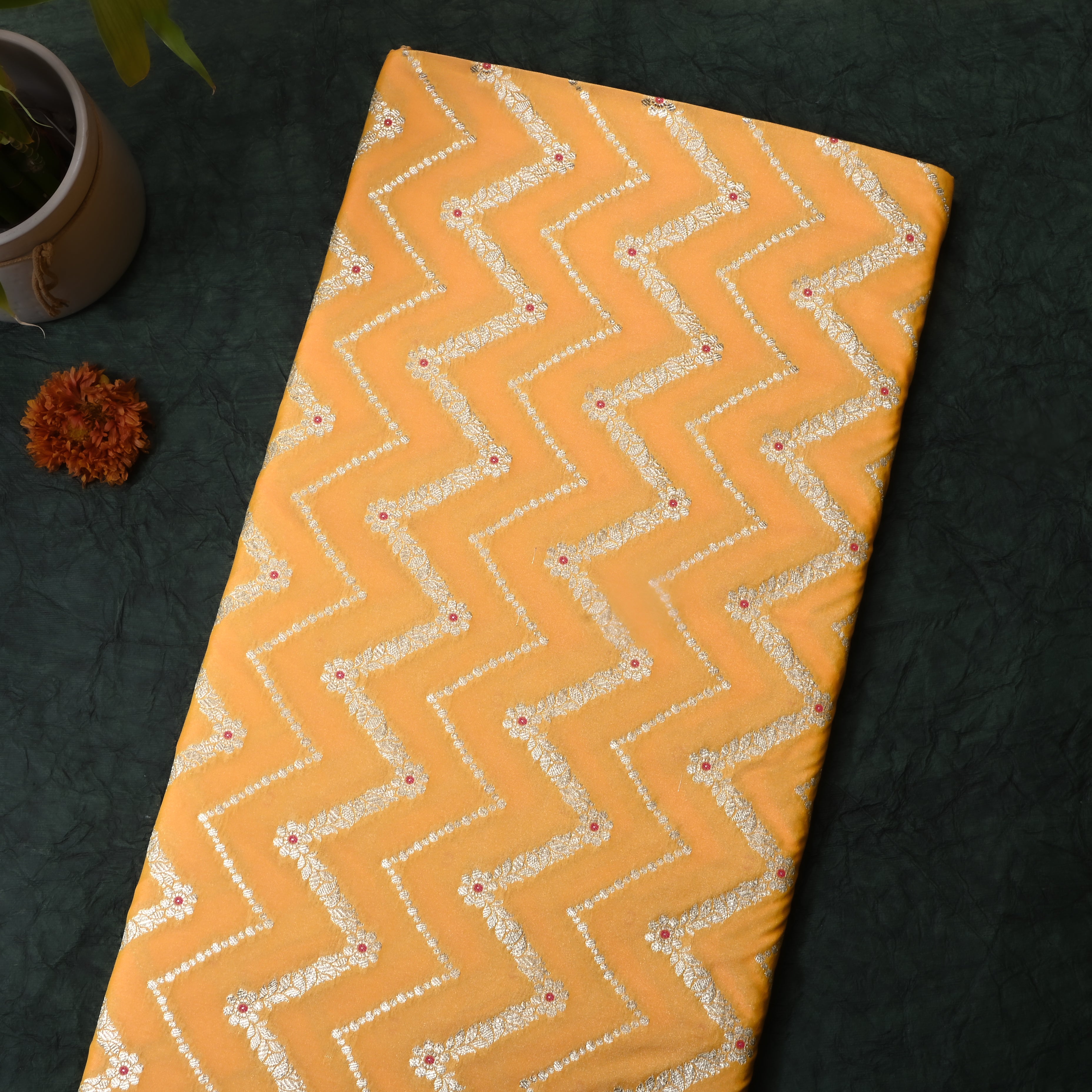 Turmeric Orange Jamawar Silk Fabric