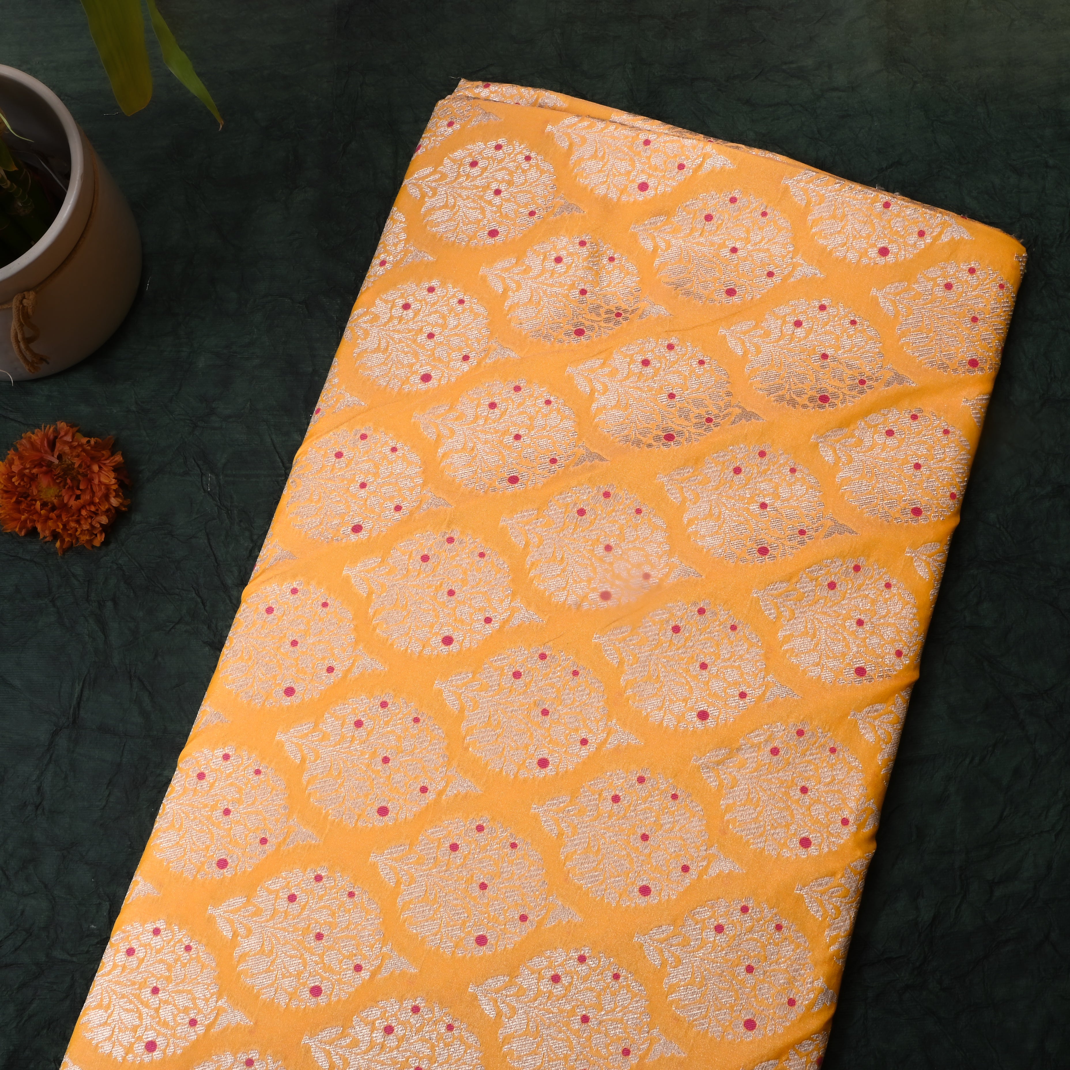 Bright Orange Floral Jamawar Silk Fabric