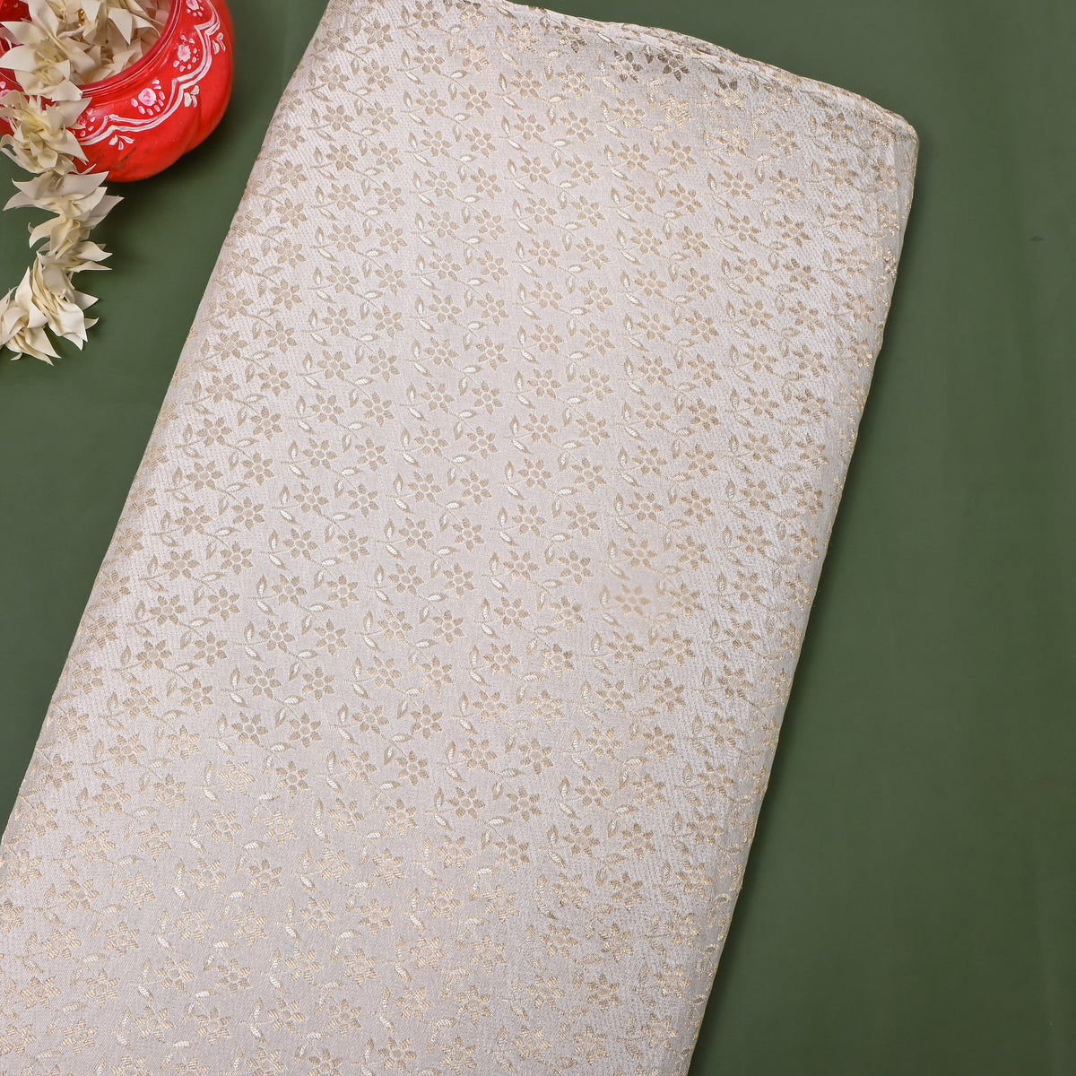 Pearl White Gold Zari Floral Butti Jamawar Silk Fabric