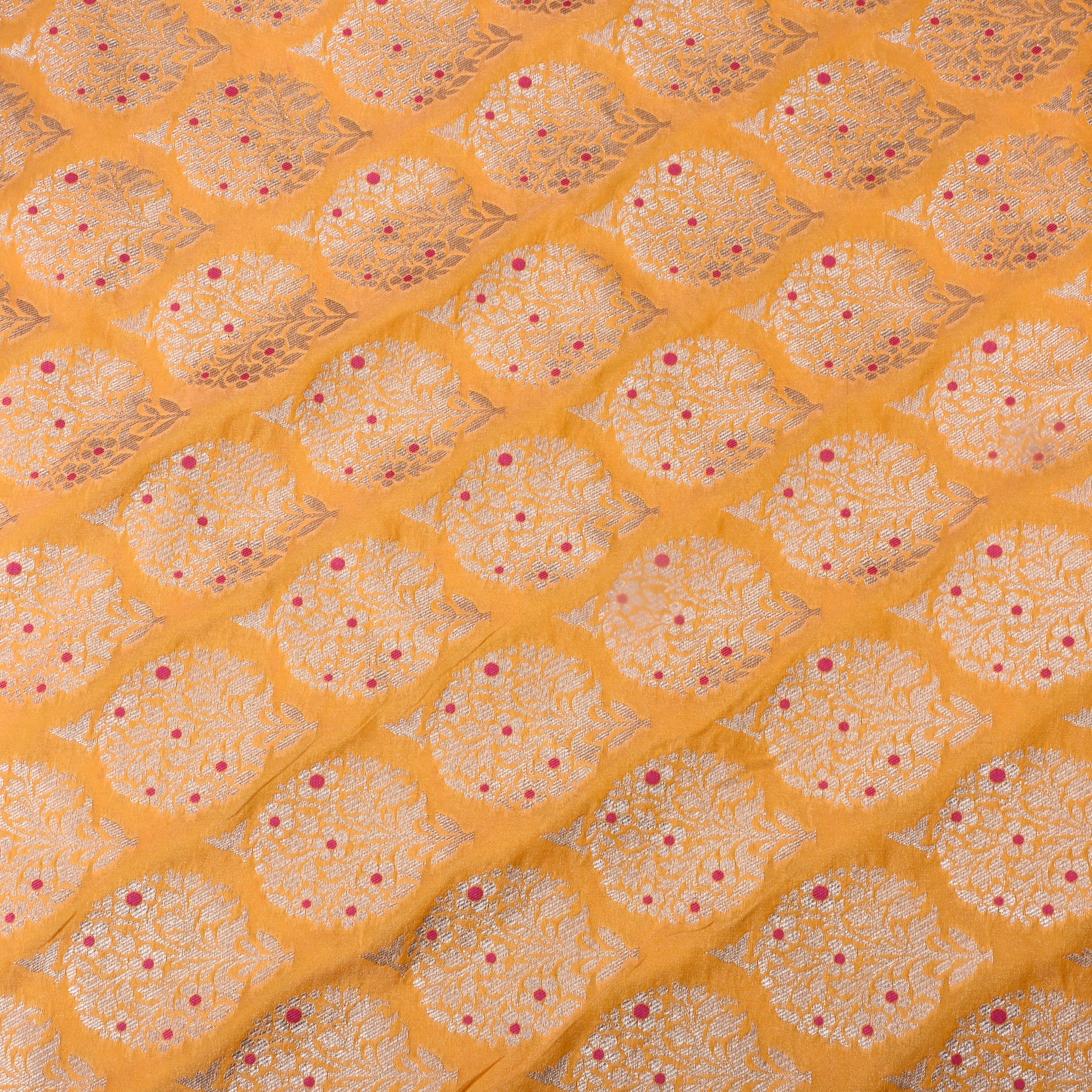 Bright Orange Floral Jamawar Silk Fabric