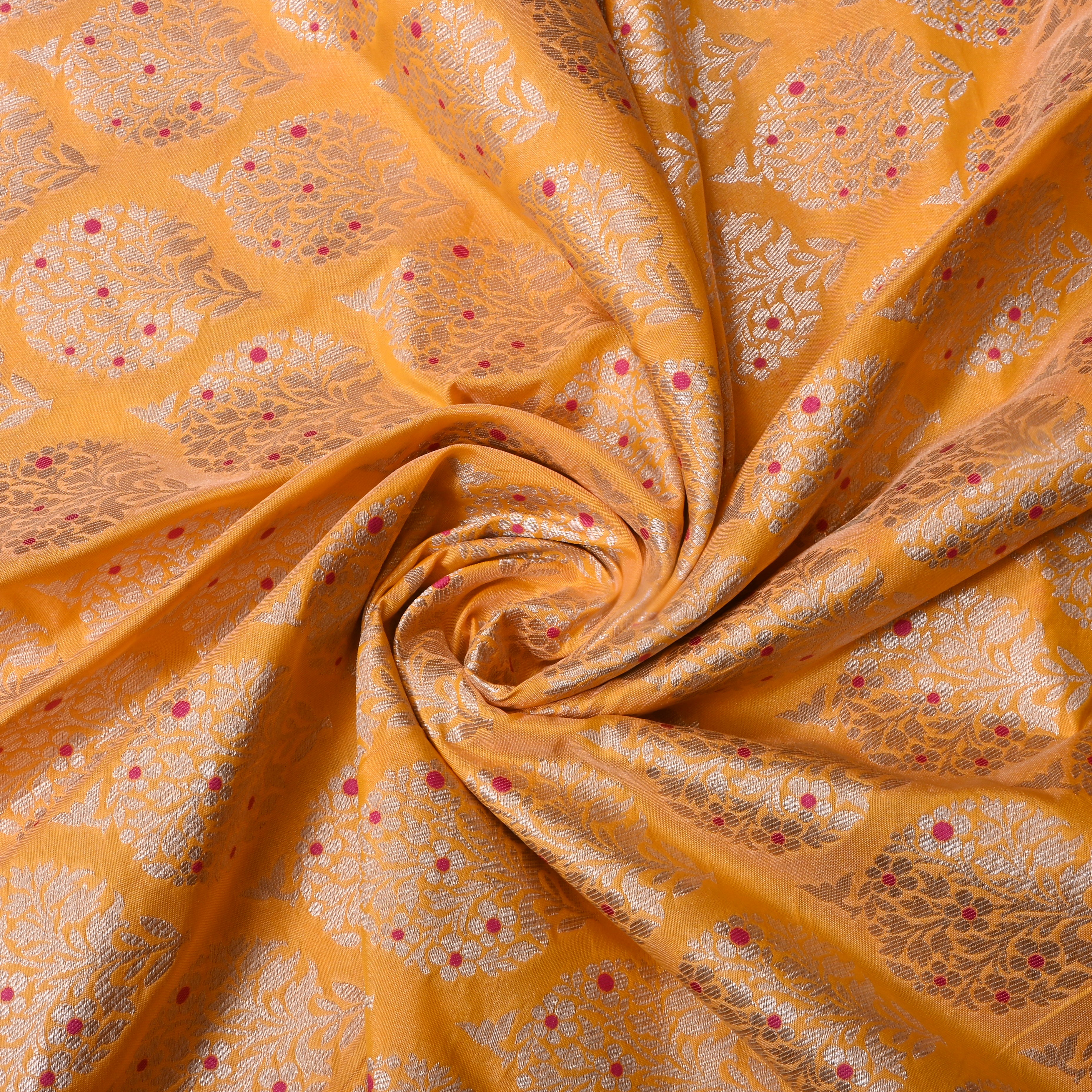 Bright Orange Floral Jamawar Silk Fabric