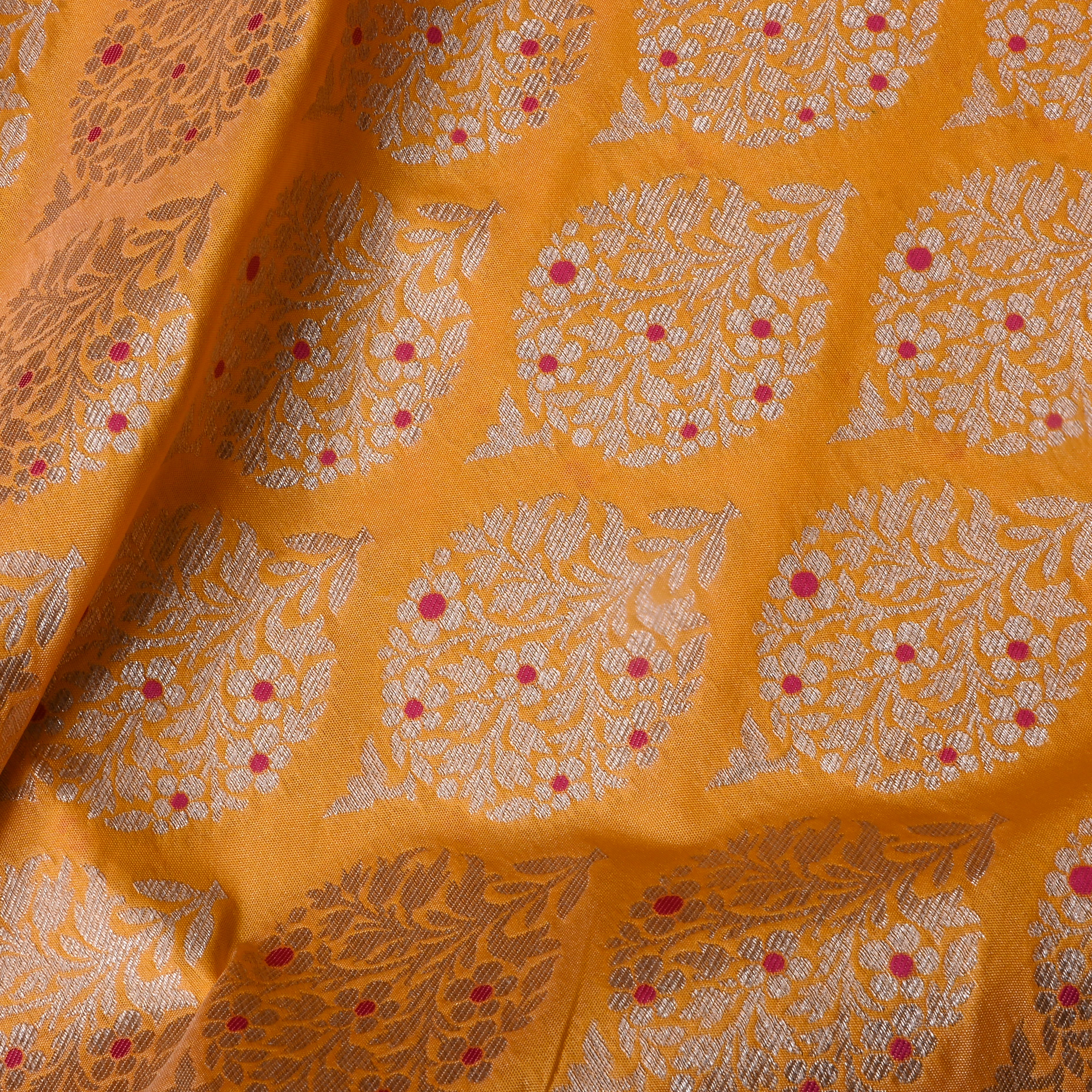 Bright Orange Floral Jamawar Silk Fabric