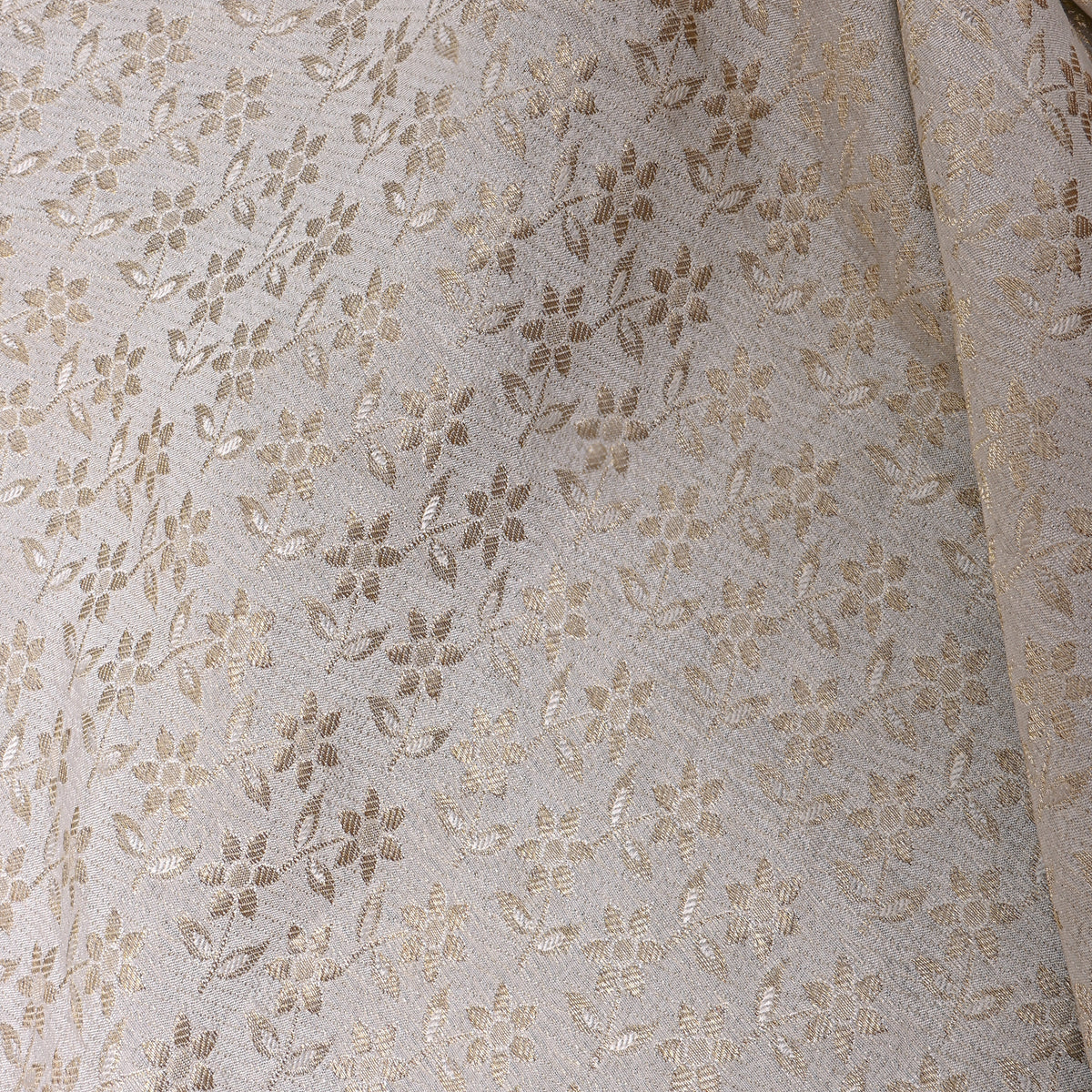 Pearl White Gold Zari Floral Butti Jamawar Silk Fabric