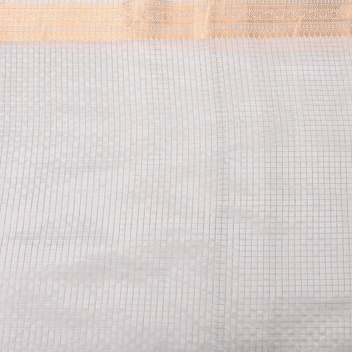 Snow White Jamawar Silk With Gold Zari Checks And Floral Border