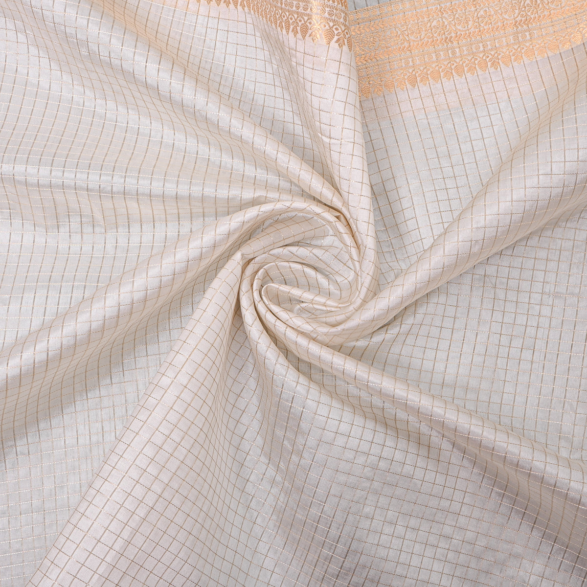 Snow White Jamawar Silk With Gold Zari Checks And Floral Border