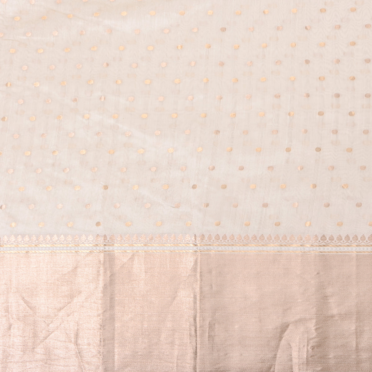 Ivory White Gold Zari Dot Border Jamawar Silk Fabric