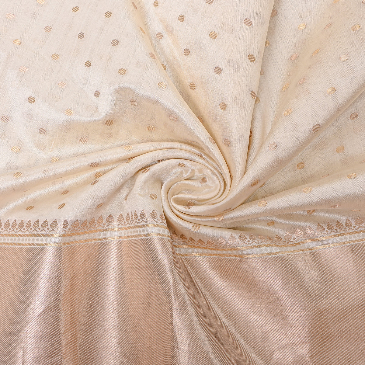 Ivory White Gold Zari Dot Border Jamawar Silk Fabric