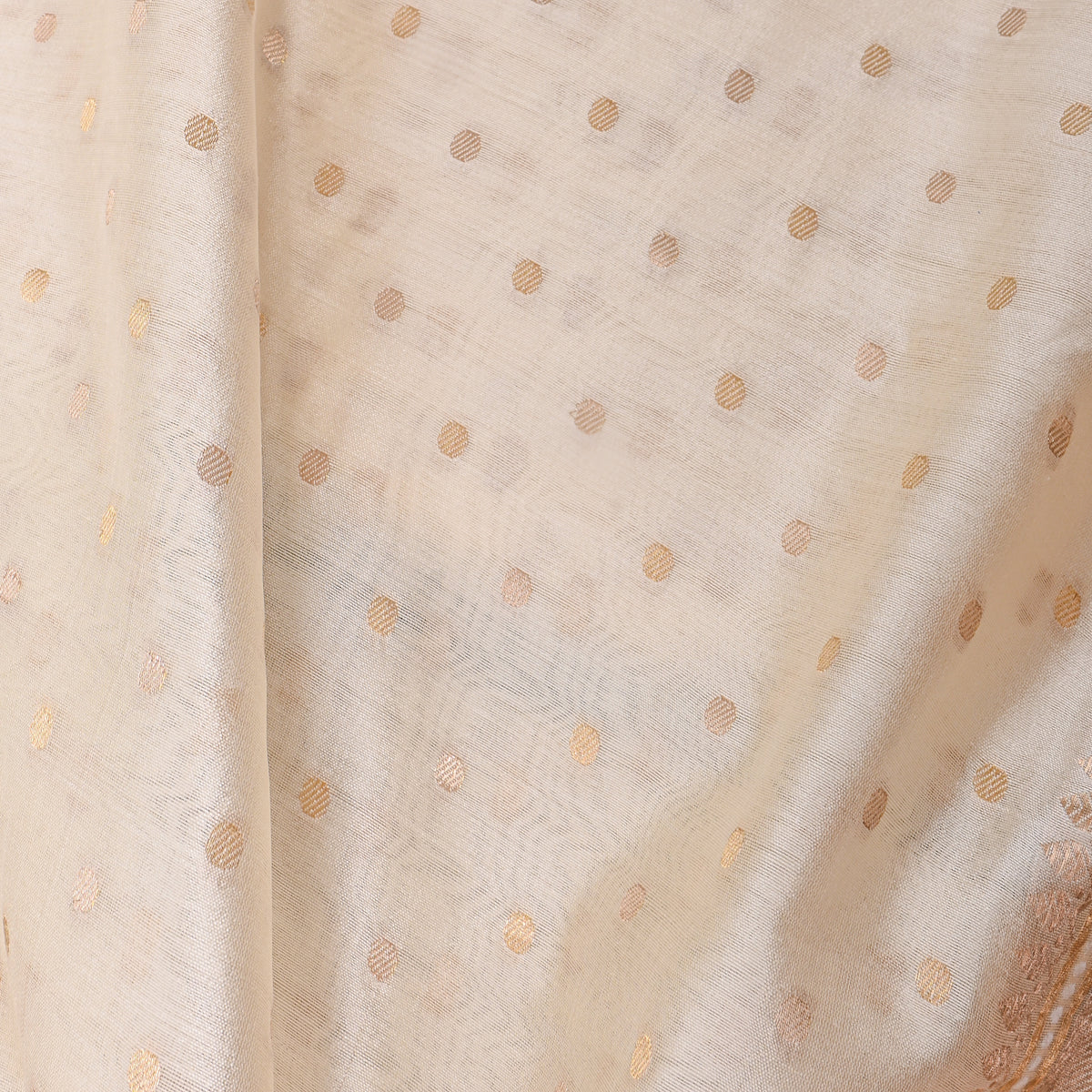 Ivory White Gold Zari Dot Border Jamawar Silk Fabric