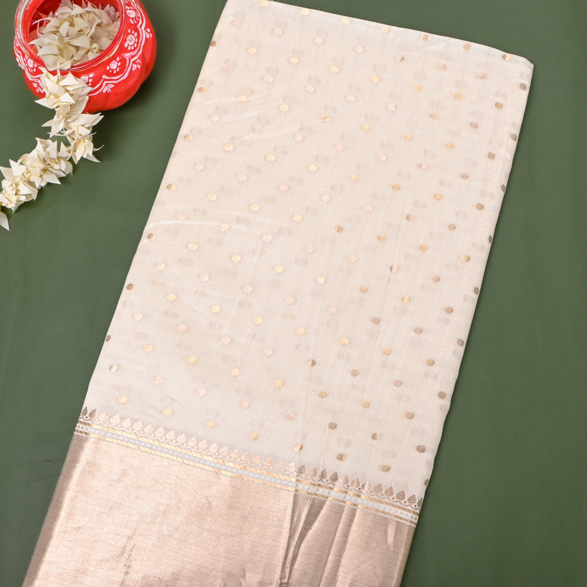 Pearl White Gold Zari Butti Border Jamawar Silk Fabric