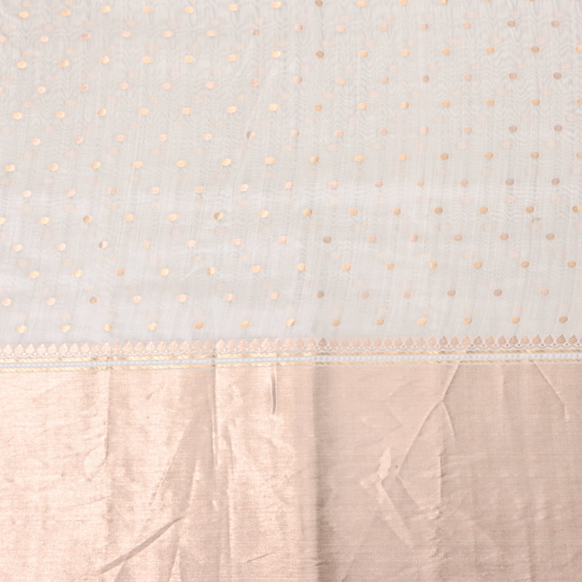 Pearl White Gold Zari Butti Border Jamawar Silk Fabric