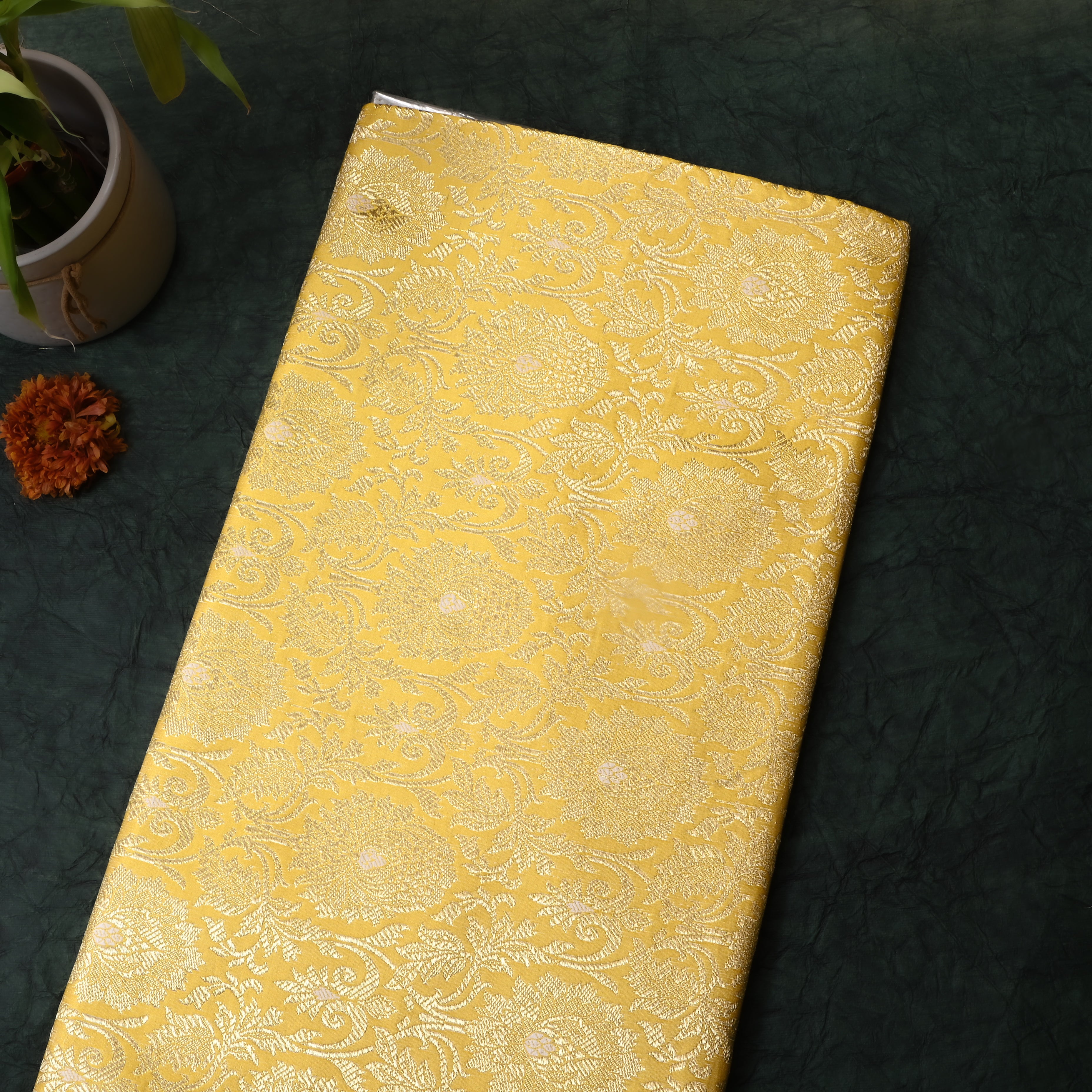 Royal Yellow Floral Jamawar Satin Fabric