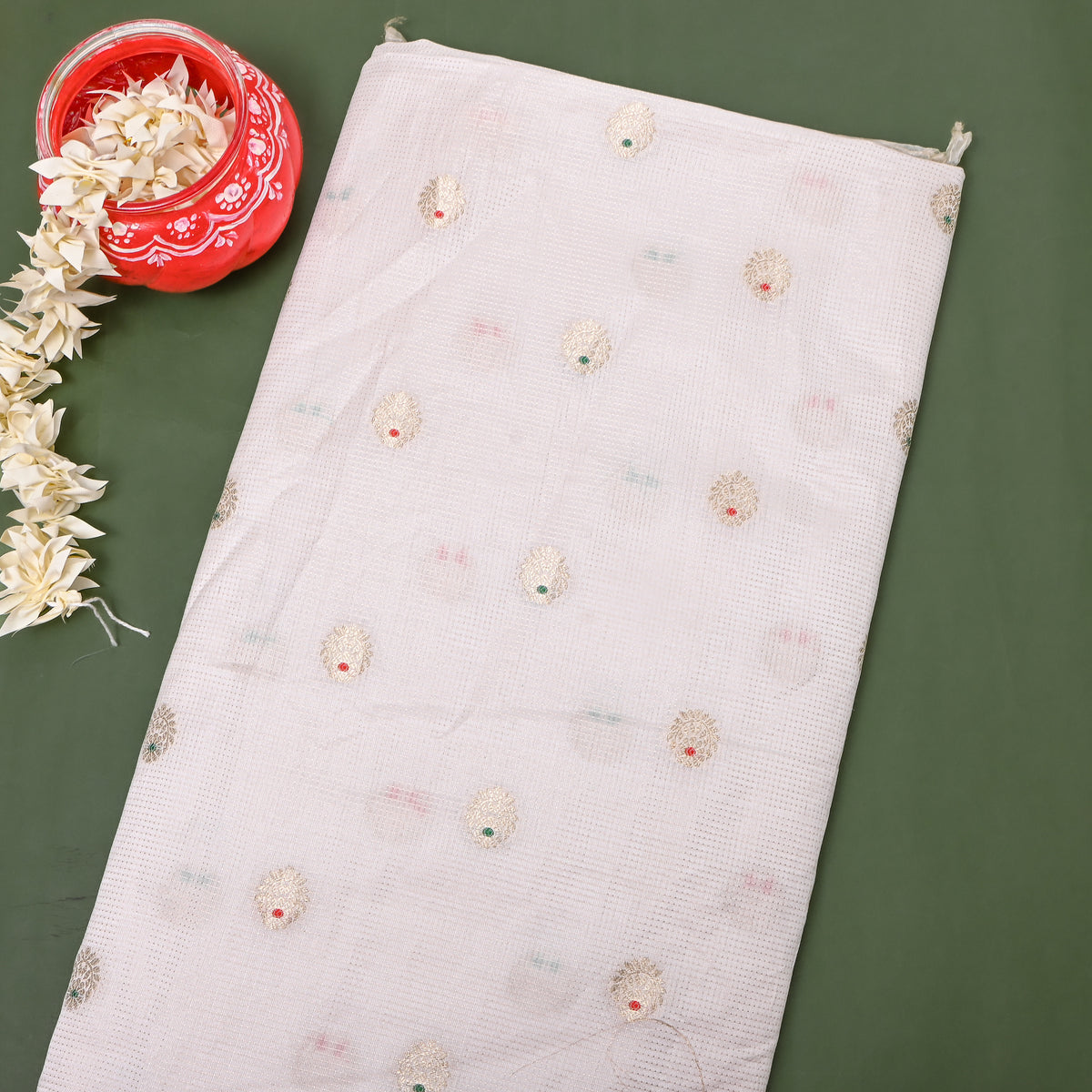 White Gold Zari Botanical Butti Jamawar Silk Fabric
