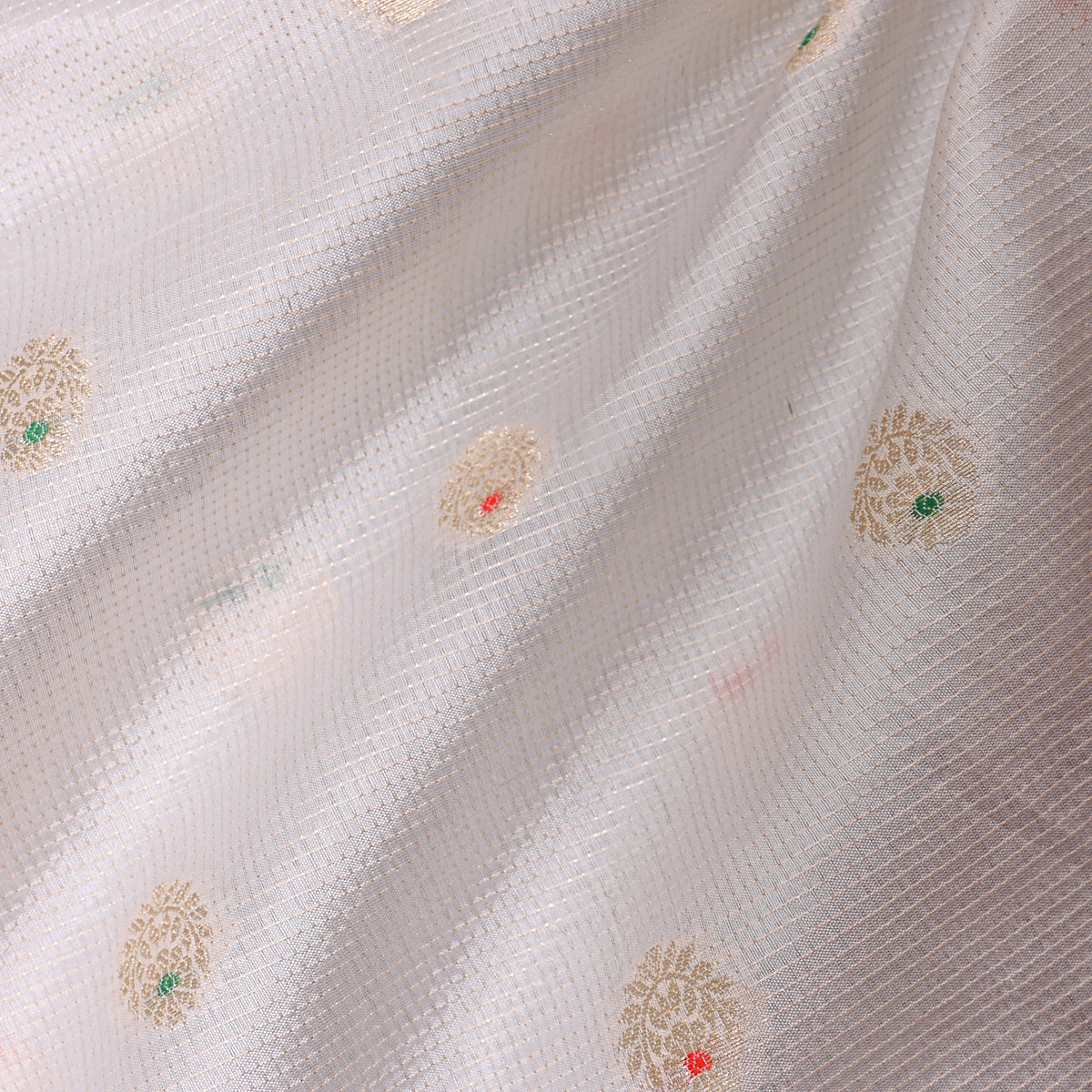 White Gold Zari Botanical Butti Jamawar Silk Fabric