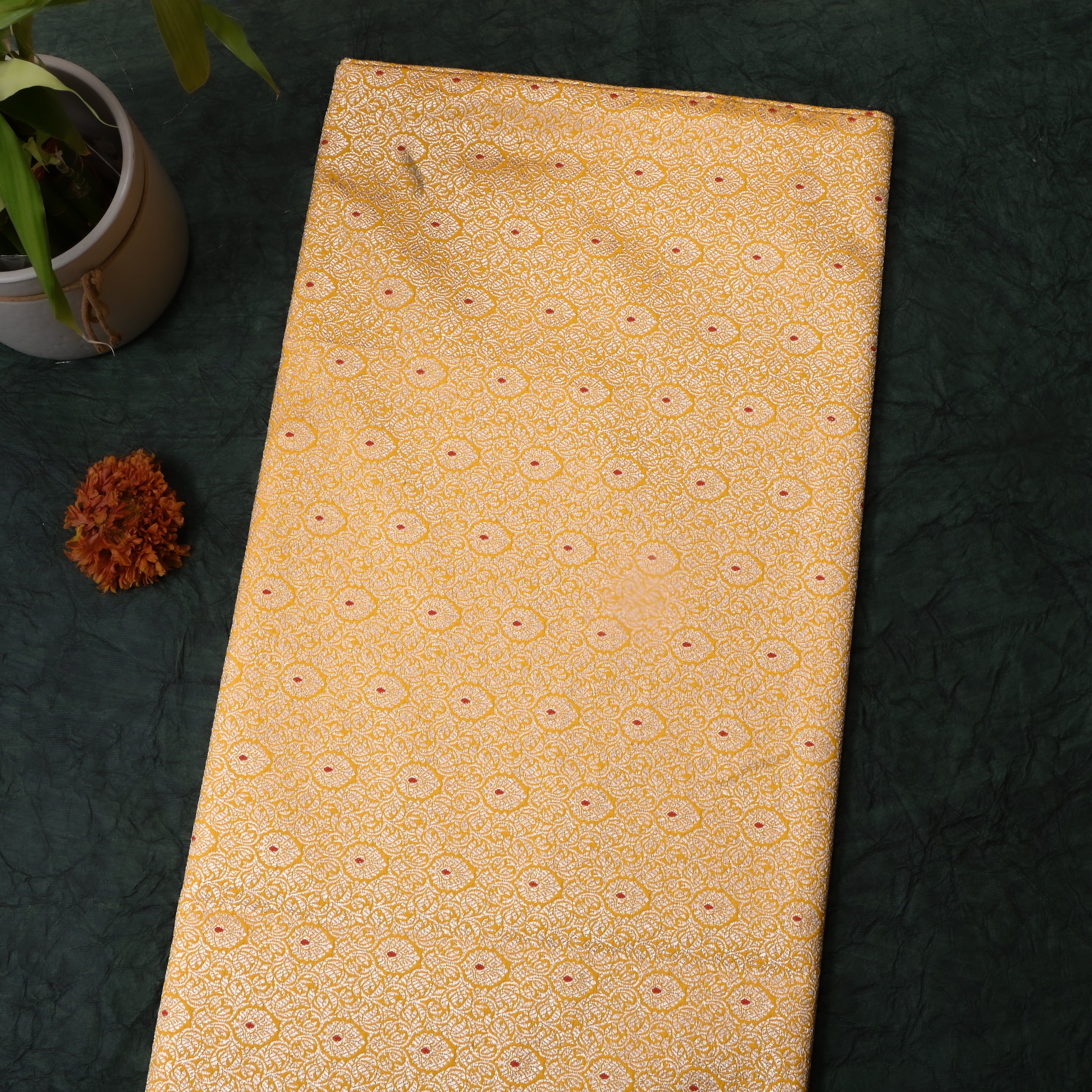 Golden Yellow Floral Jamawar Silk Fabric