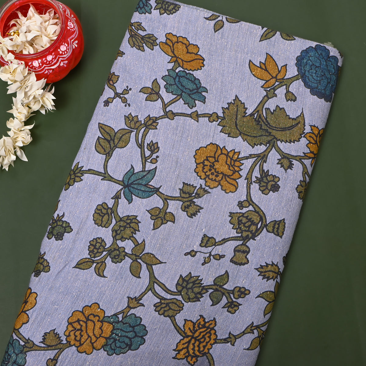 Lavender Blue Vine Floral Digital Print Raw Silk Fabric