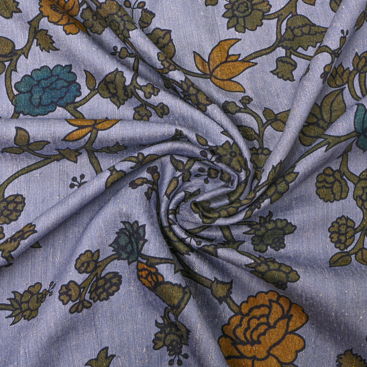 Lavender Blue Vine Floral Digital Print Raw Silk Fabric