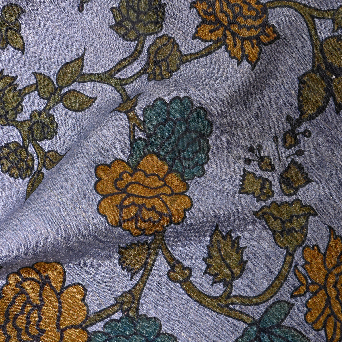 Lavender Blue Vine Floral Digital Print Raw Silk Fabric