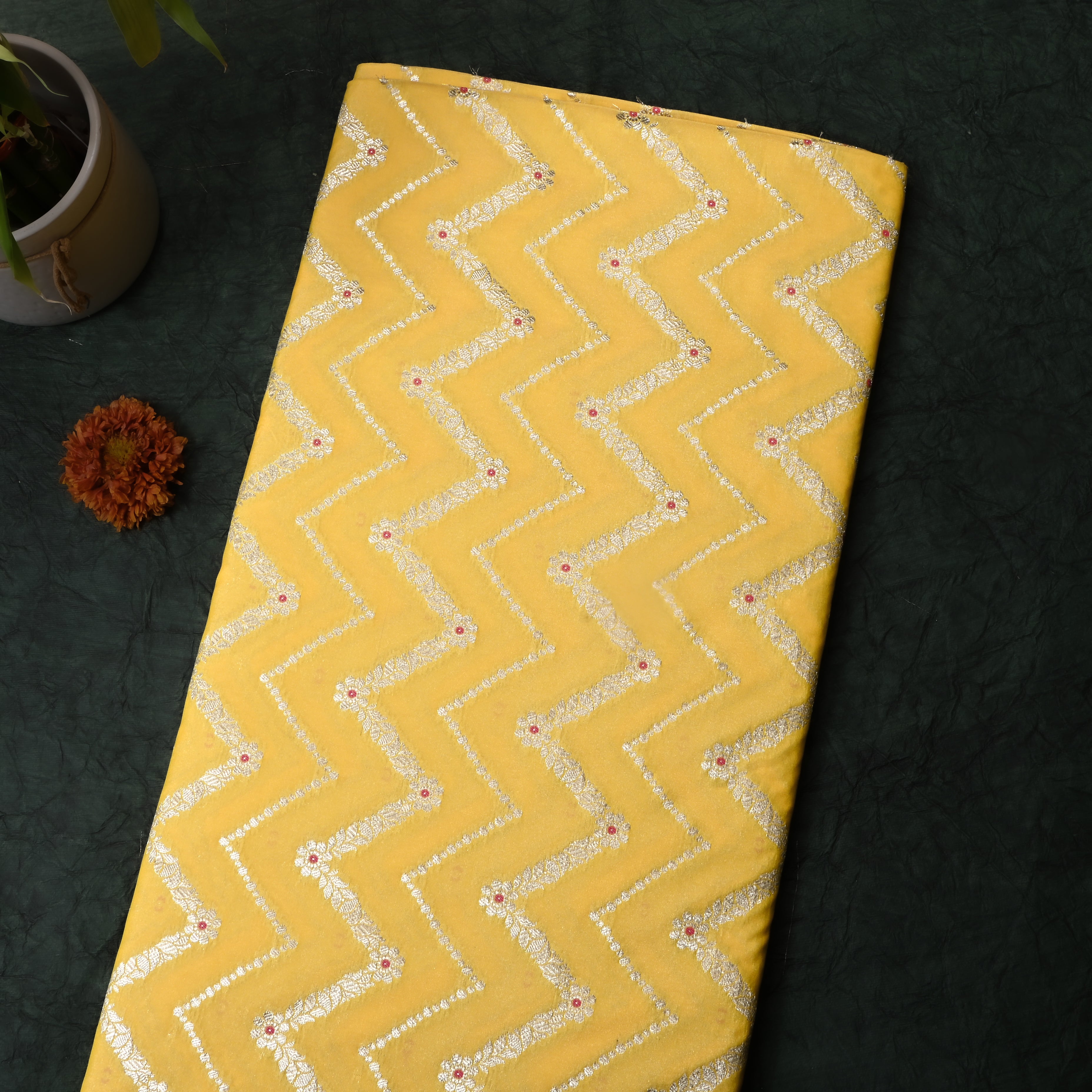 Sunflower Yellow Meenakari Banarasi Fabric With Chevron Pattern