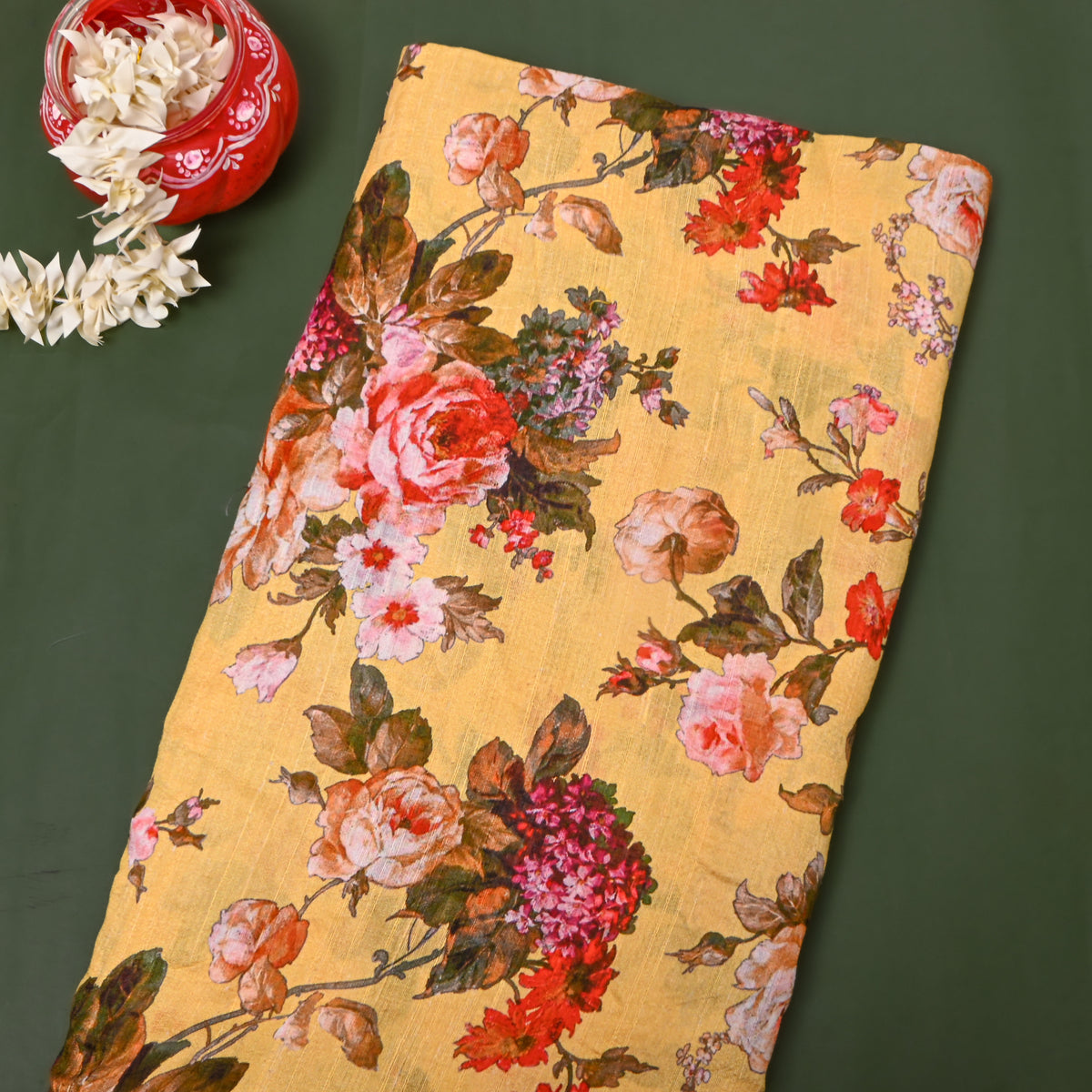 Bright Yellow Floral Digital Print Silk Fabric