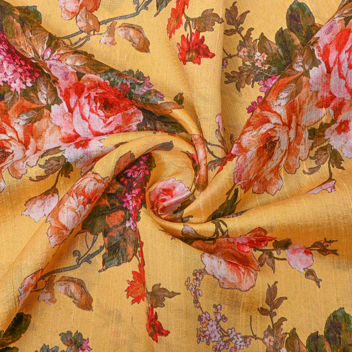 Bright Yellow Floral Digital Print Silk Fabric