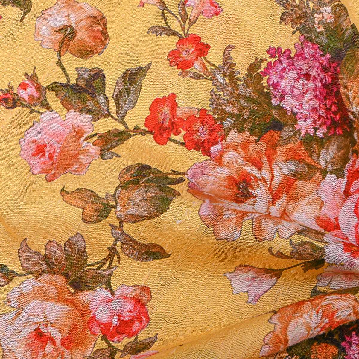 Bright Yellow Floral Digital Print Silk Fabric