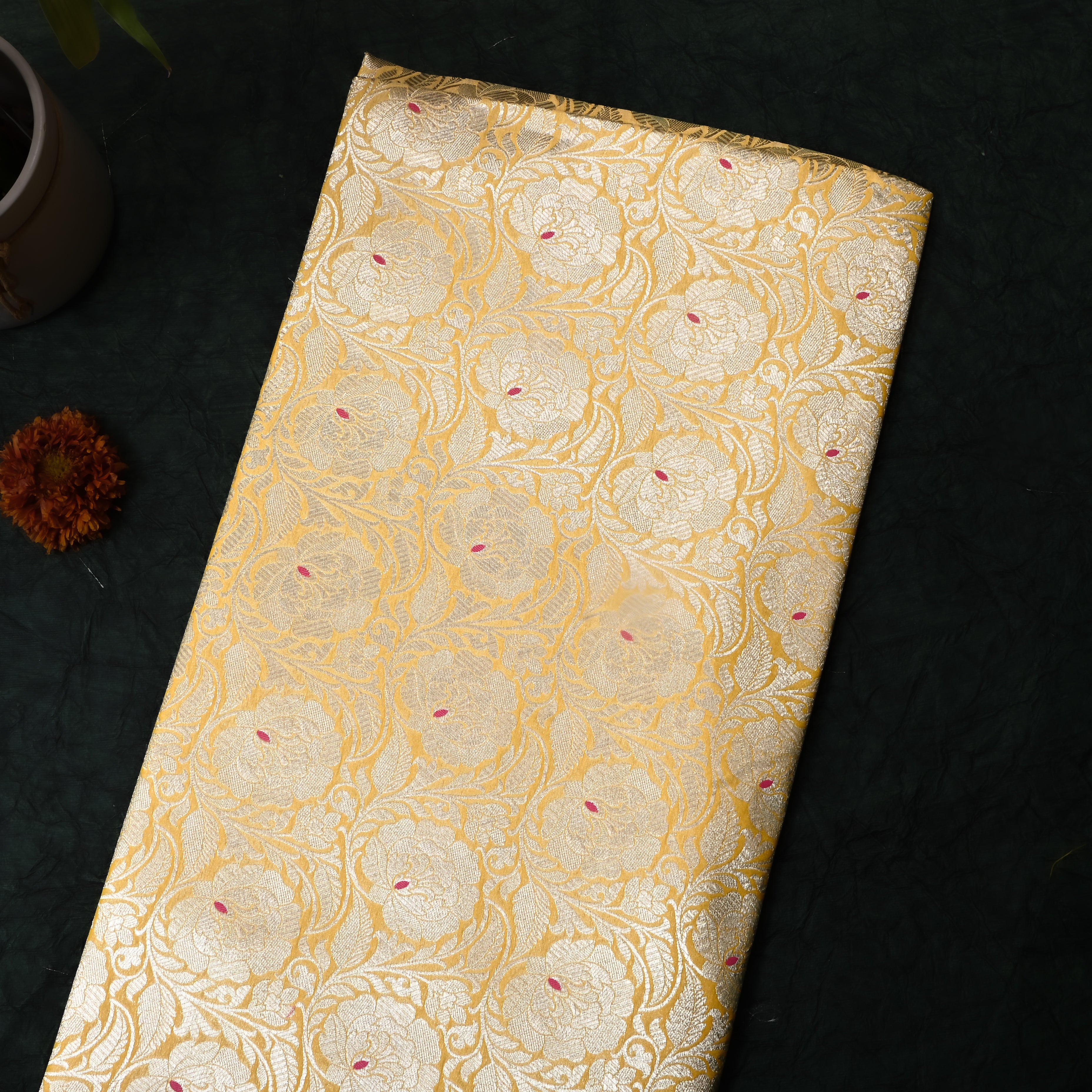 Golden Yellow Floral Jamawar Silk Fabric