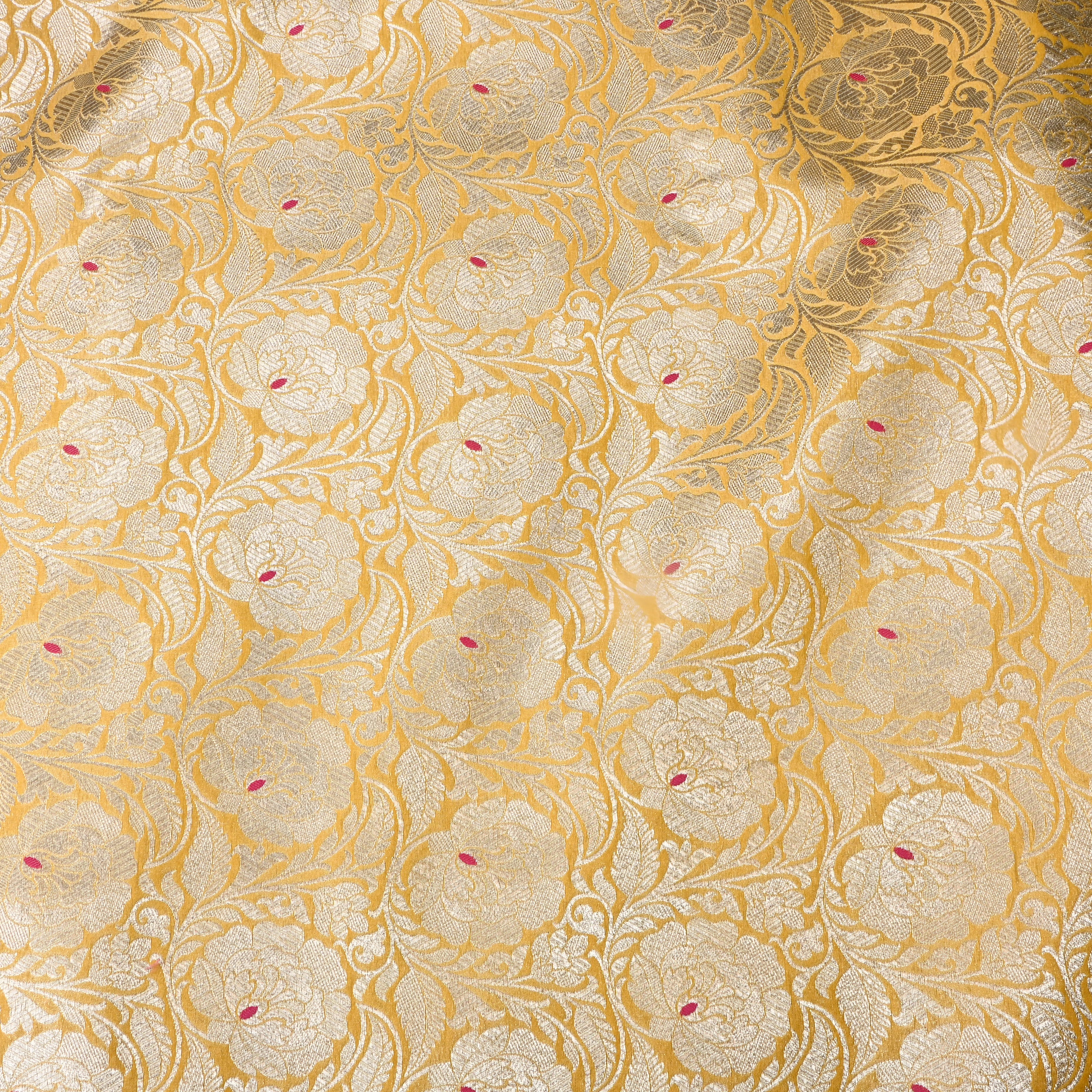 Golden Yellow Floral Jamawar Silk Fabric